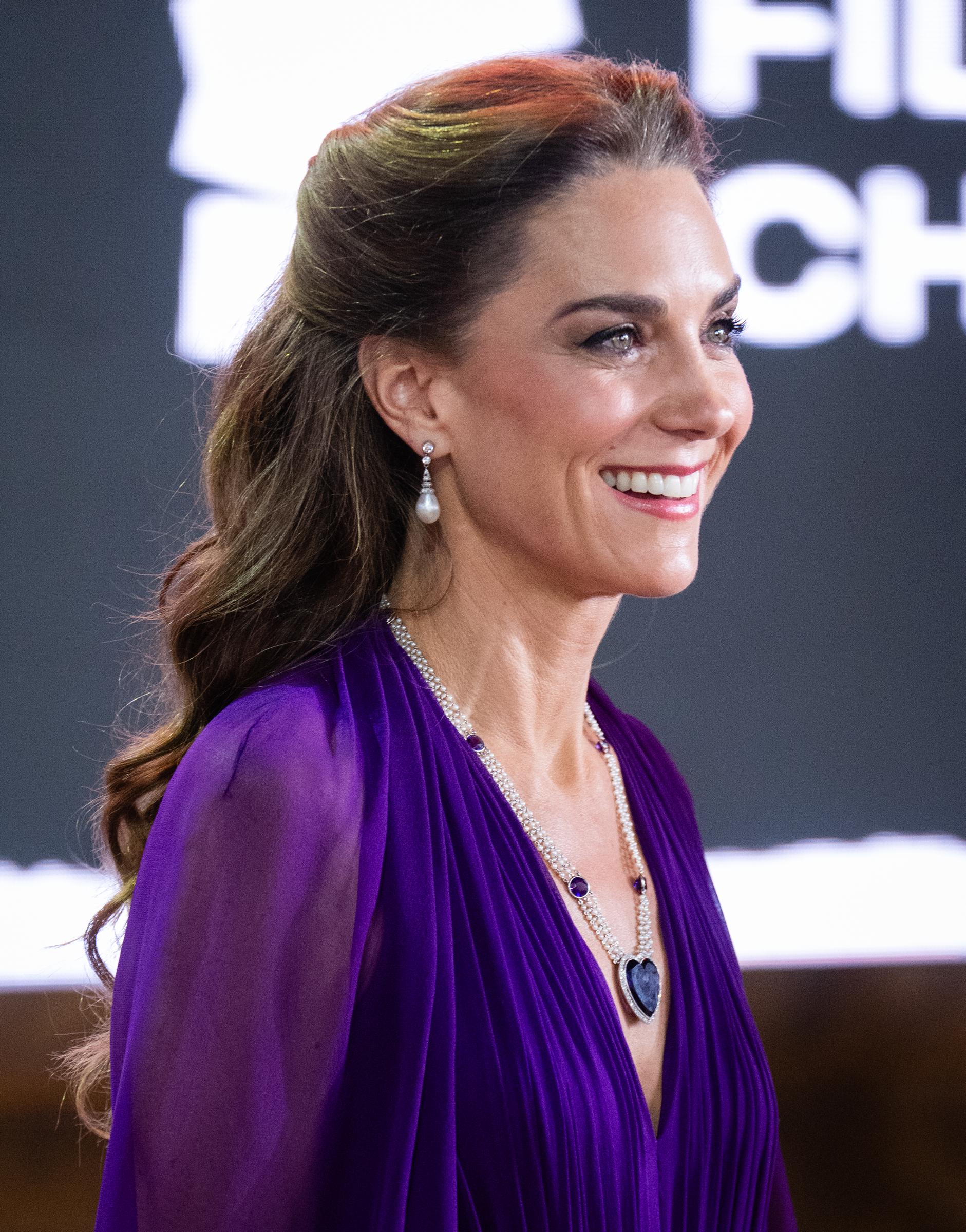 Catherine is pictured at the "Digger" Film and TV Charity Royal Film Performance and Global Premiere inside Leicester Square Gardens on September 22, 2026. Her hair is styled partly back in loose curls, with pearl drop earrings visible from the side.