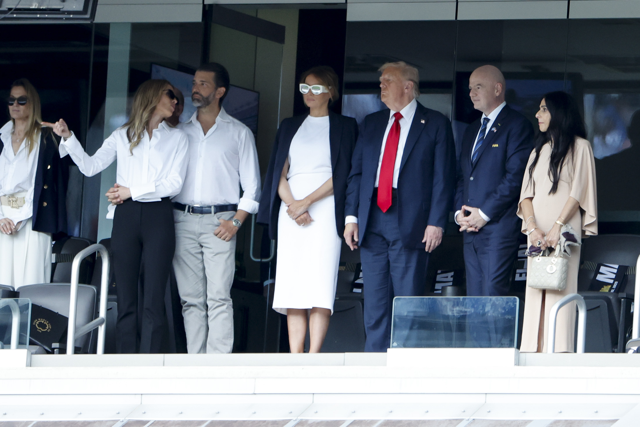 Bettina Anderson, Donald Trump Jr., Melania Trump, Donald Trump, Gianni Infantino, and Leena Al Ashqar attend the FIFA Club World Cup 2025 final between Chelsea and Paris Saint-Germain at MetLife Stadium on July 13, 2025, in East Rutherford, New Jersey | Source: Getty Images