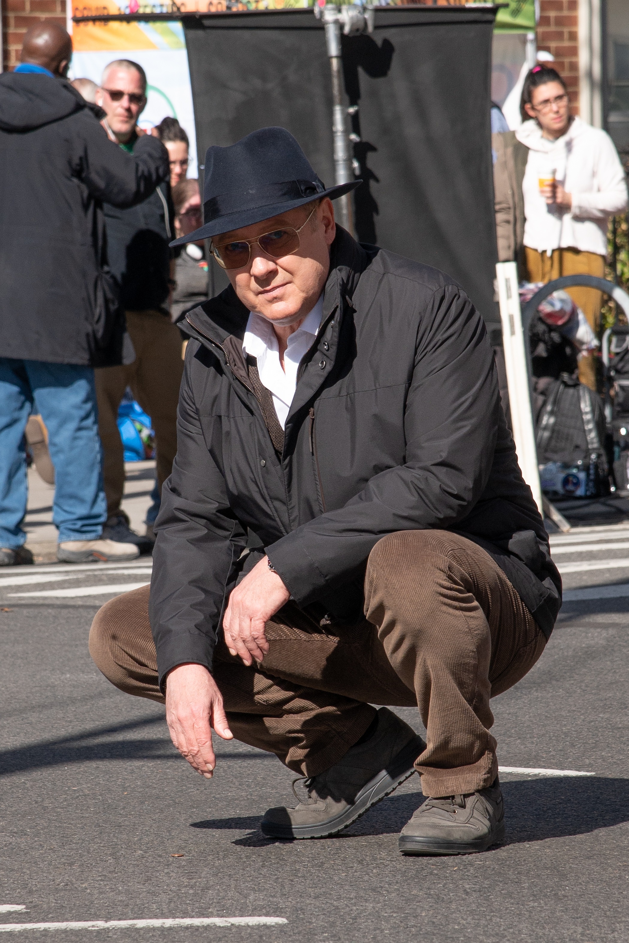 The actor is seen on the set of "Blacklist" on February 16, 2023 in New York | Source: Getty Images