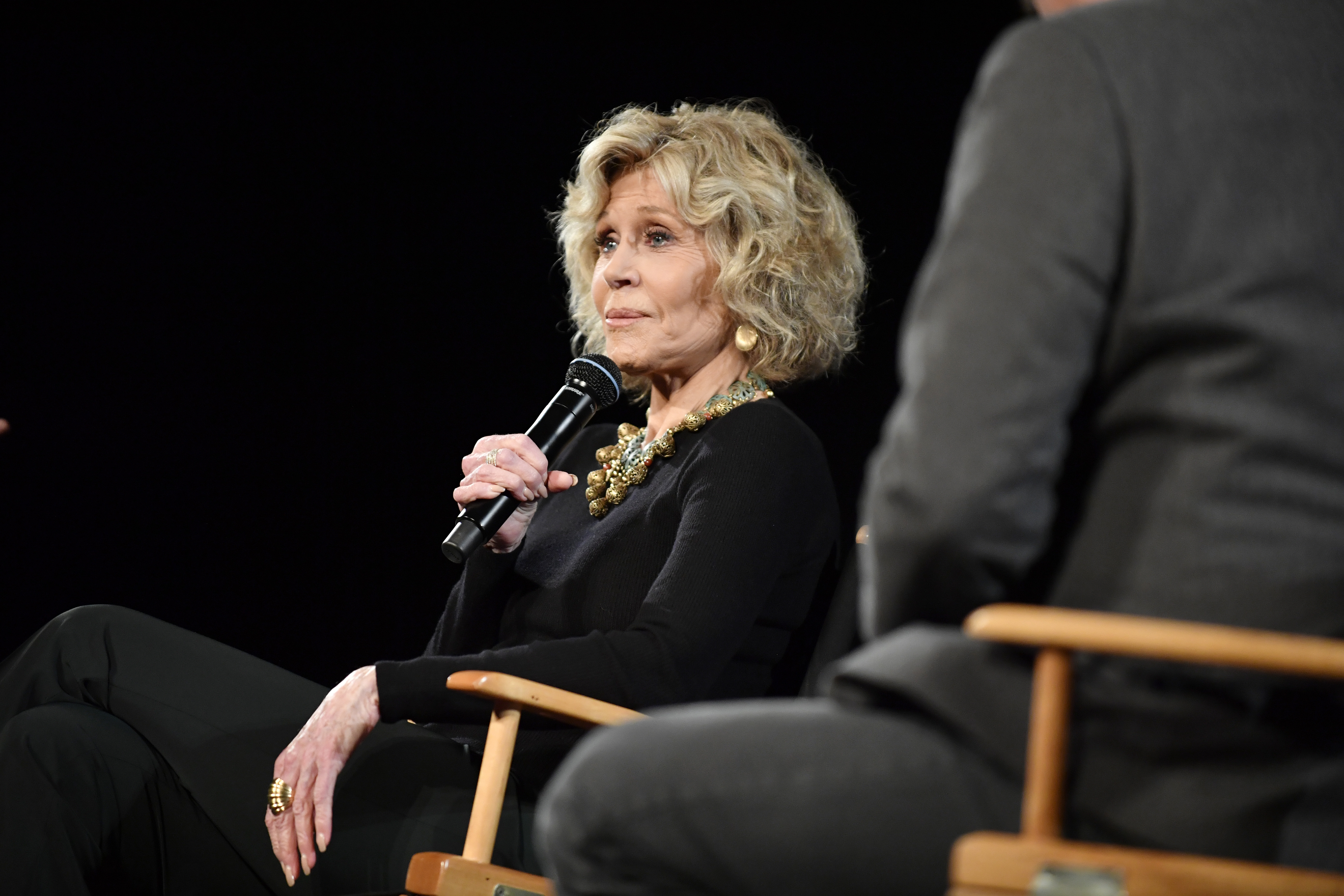 Jane Fonda speaks onstage during a public conversation in New York City in 2019. | Source: Getty Images