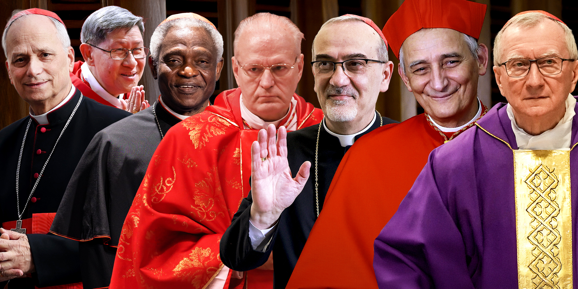 Robert Francis Prevost, Luis Antonio Tagle, Peter Turkson, Peter Erdo, Pierbattista Pizzaballa, Matteo Maria Zuppi, and Pietro Parolin | Source: Getty Images