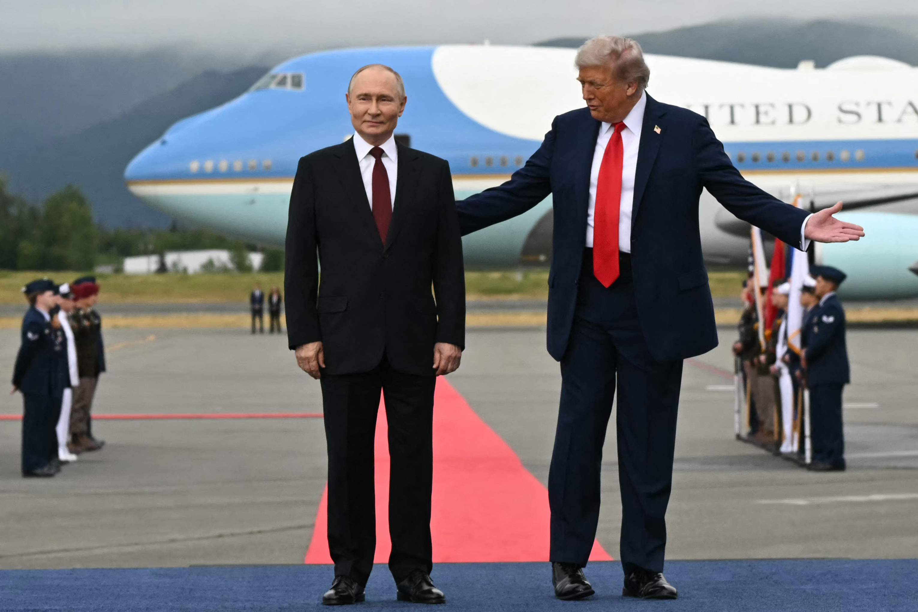 Vladimir Putin and Donald Trump meet for their summit on the war in Ukraine, at U.S. Air Base on August 15, 2025, in Anchorage, Alaska | Source: Getty Images