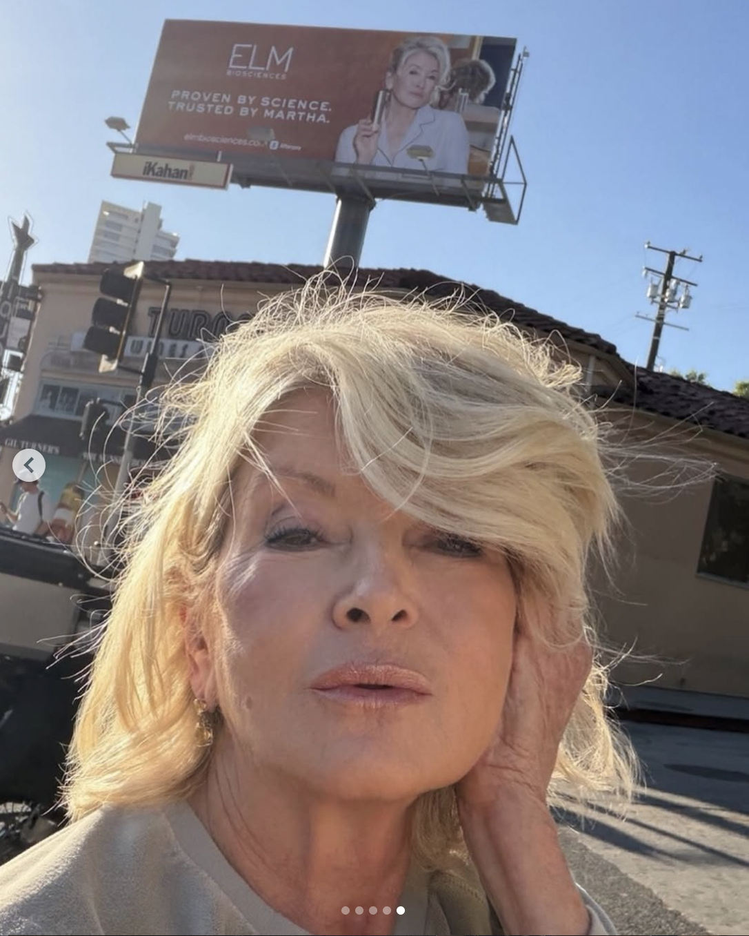 Martha Stewart poses in front of a billboard featuring her photo for Elm Biosciences, from a carousel post in January 2026 | Source: instagram/marthastewart