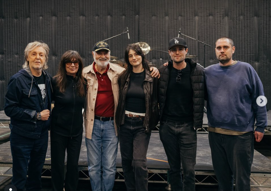 Rob Reiner, and his family posing casually with Paul McCartney in front of musical equipment and microphones, from a post dated March 26, 2024. | Source: Instagram/michelereiner