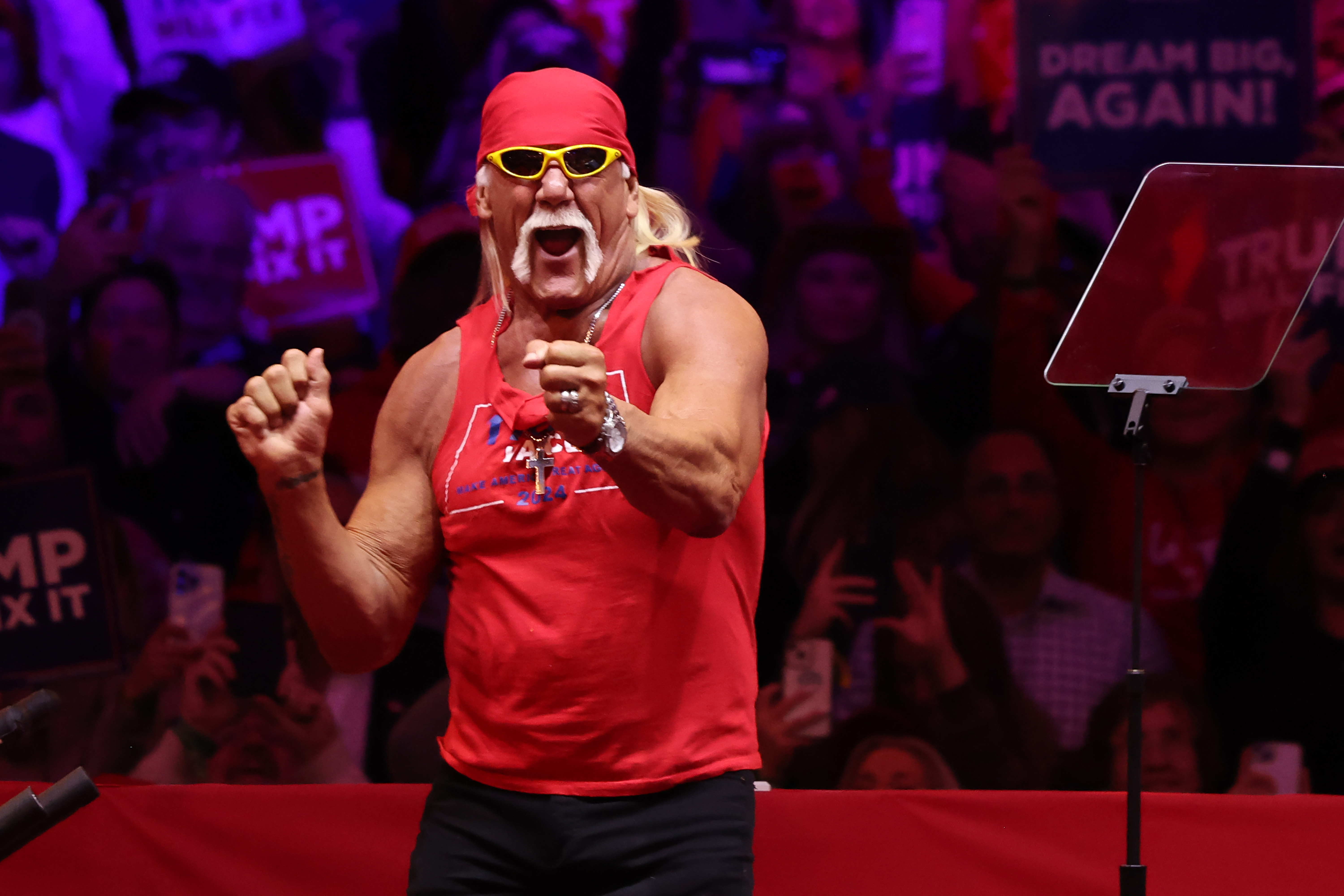 Hulk Hogan dances during a campaign rally for Republican presidential nominee, former U.S. President Donald Trump, at Madison Square Garden on October 27, 2024 in New York City. | Source: Getty Images