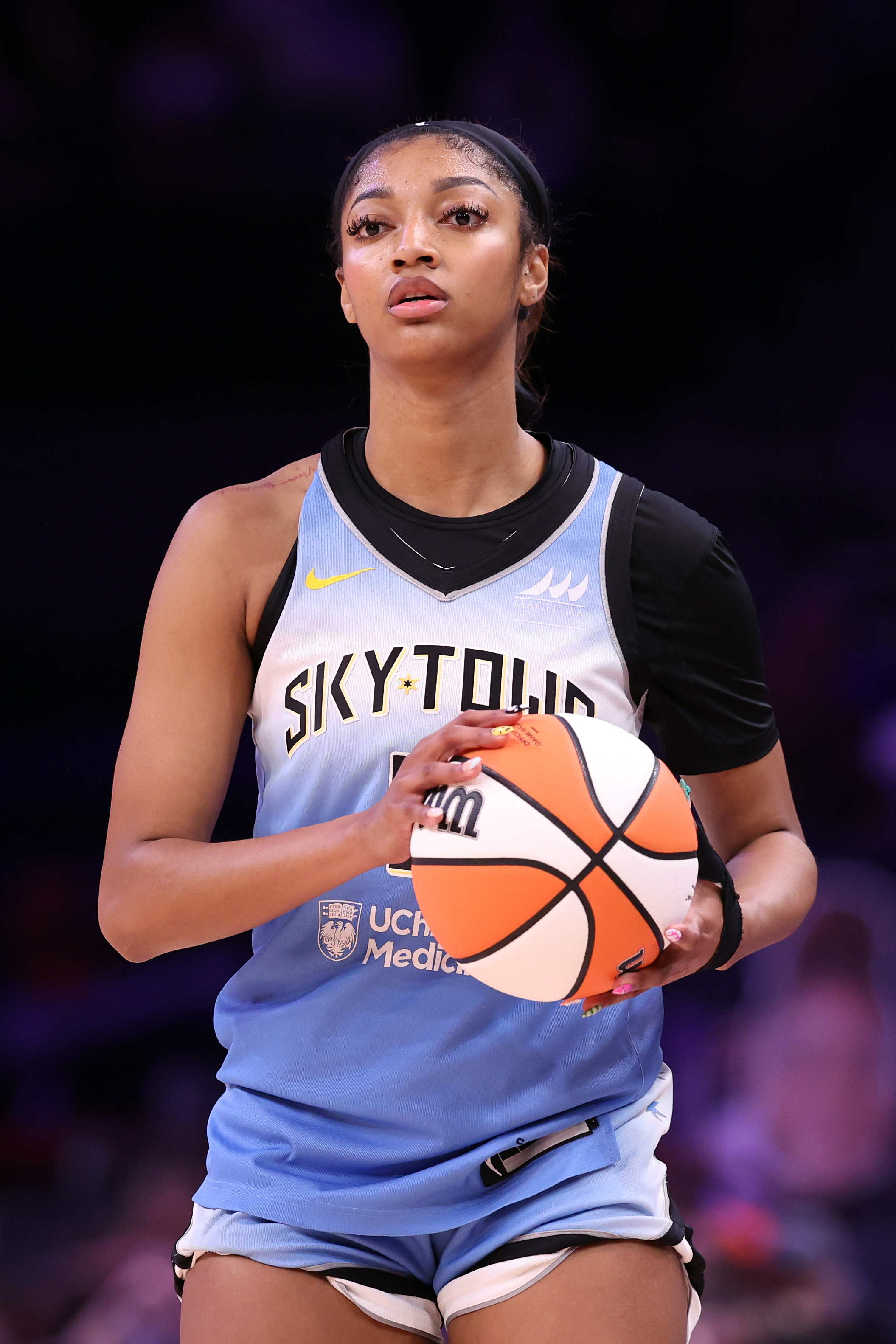 Angel Reese #5 of the Chicago Sky holds the ball during the first half against the Phoenix Mercury at PHX Arena on August 28, 2025 in Phoenix, Arizona | Source: Getty Images
