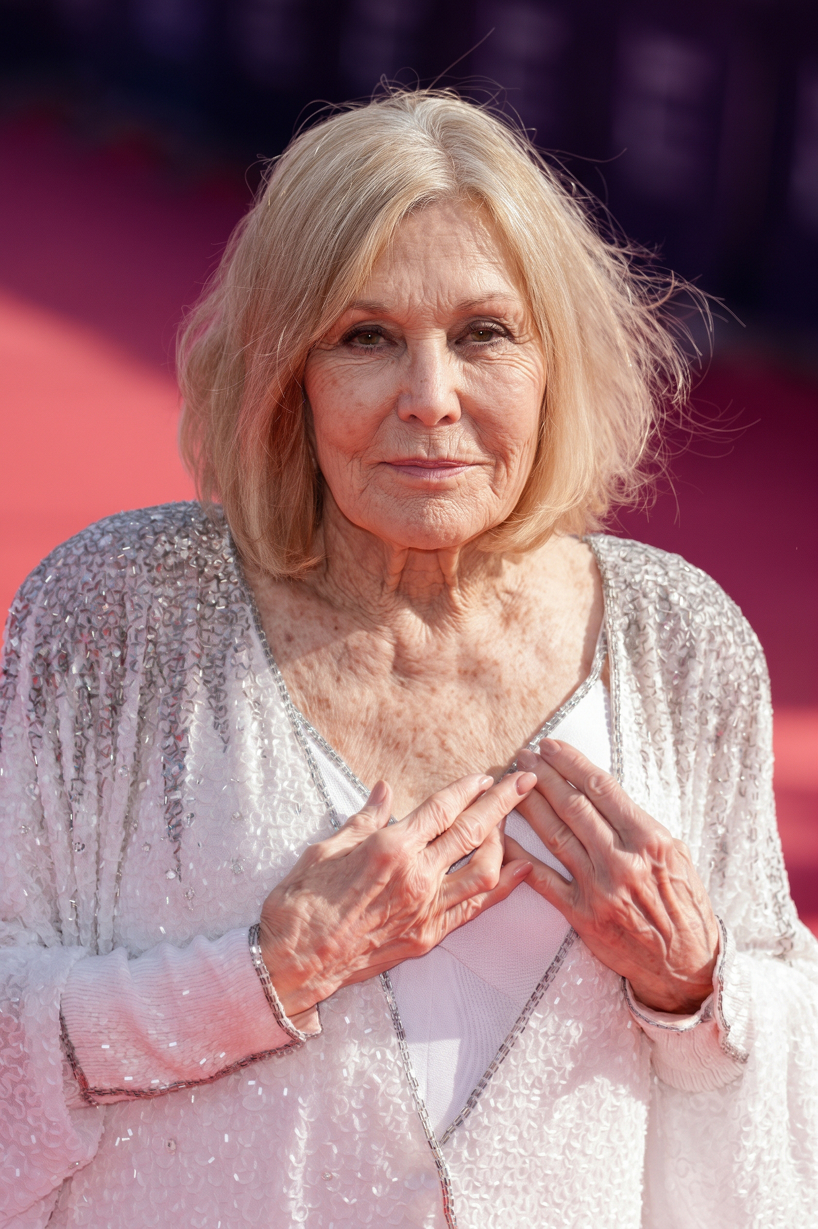 Kim Novak faces the camera in a sparkling silver jacket with a white neckline, her blonde bob softly illuminated by the warm pink-and-purple lighting behind her. | Source: Gemini