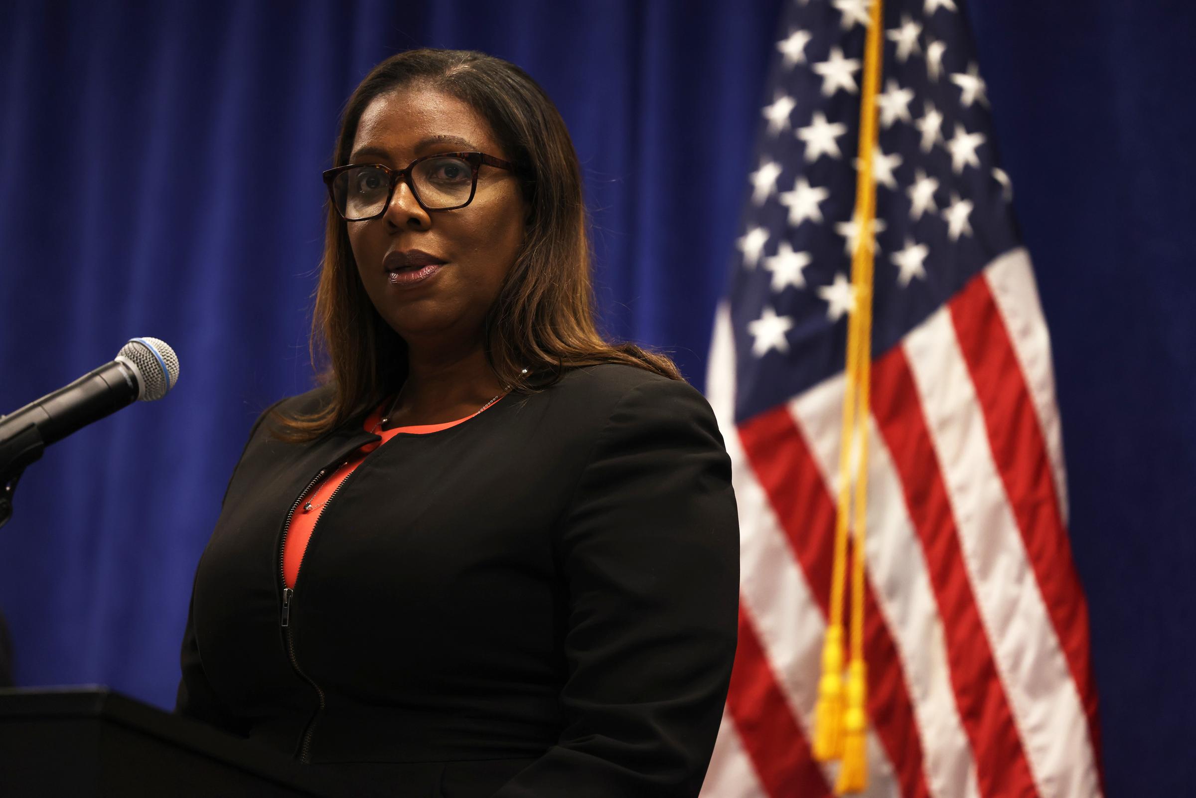 New York State Attorney General Letitia James speaks during a press conference announcing a lawsuit to dissolve the NRA on August 6, 2020 in New York City. | Source: Getty Images