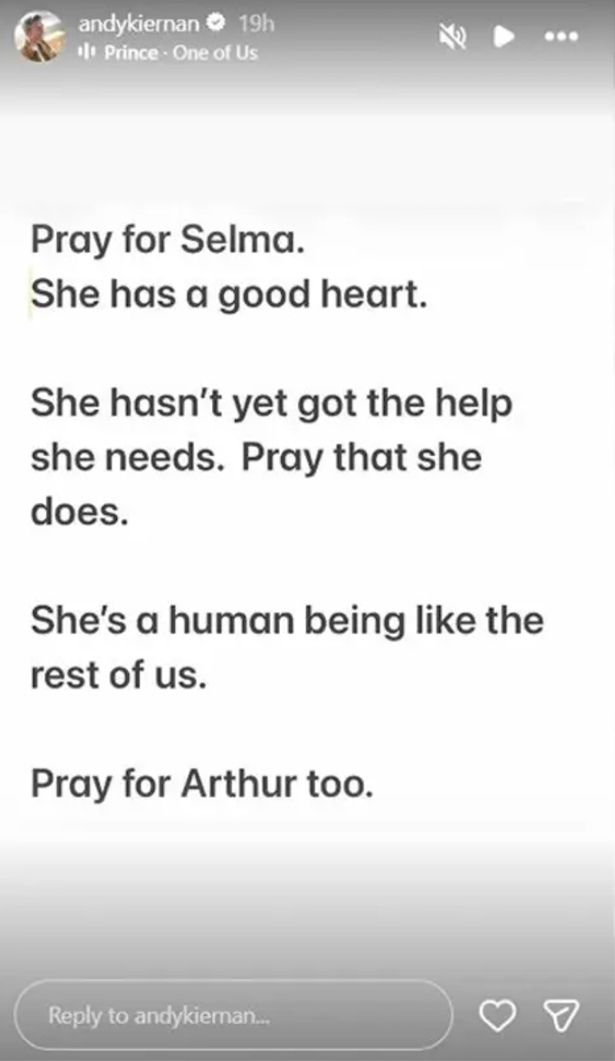 Andy Kiernan shared a heartfelt message on Instagram amid Selma Blair's legal troubles. He asked followers to pray for the actress and her son, Arthur Saint Bleick, while expressing concern that Blair had not yet received the help she needed. | Source: Instagram/andykiernan