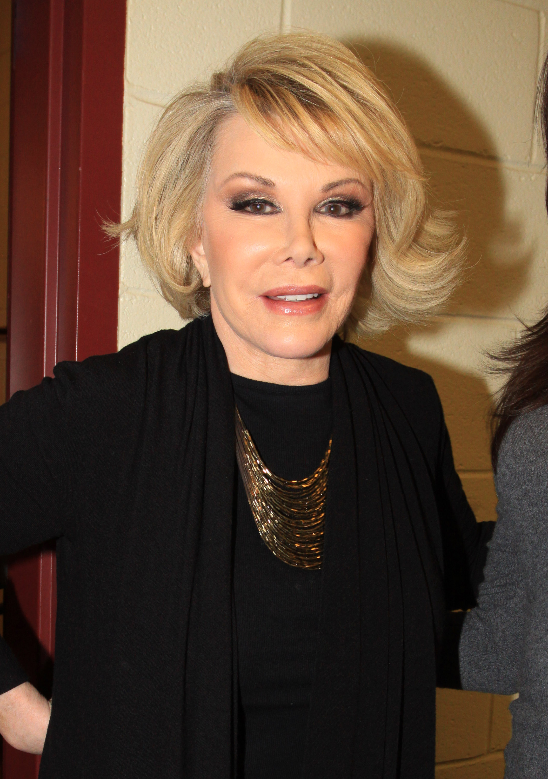 Joan is pictured with a polished blonde hairstyle, defined eyes, glossy lips, and smooth-looking skin in the original photo. | Source: Getty Images