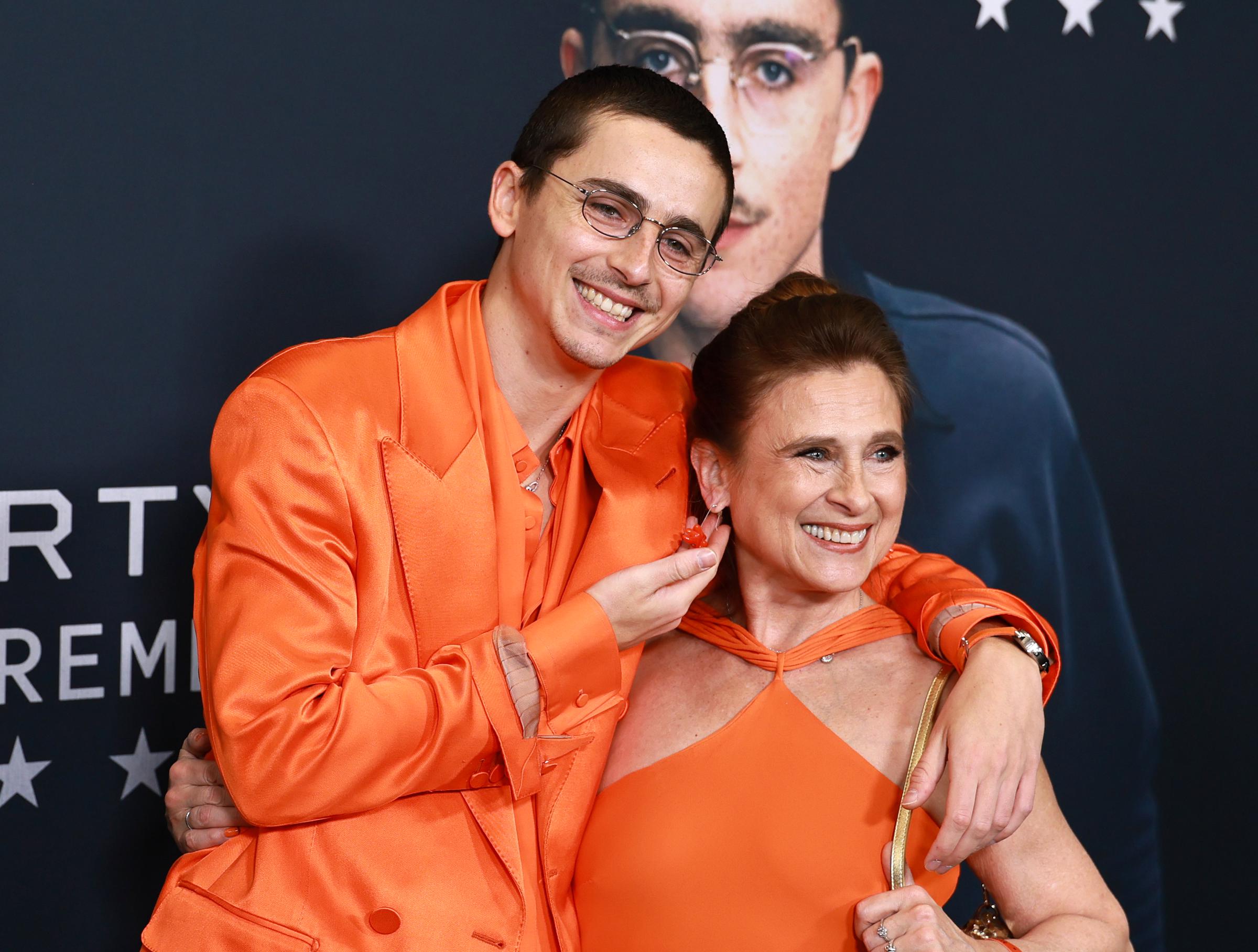 Timothée Chalamet with his mom, Nicole Flender-Chalamet at the New York premiere of A24's "Marty Supreme" in New York City on December 16, 2025. | Source: Getty Images