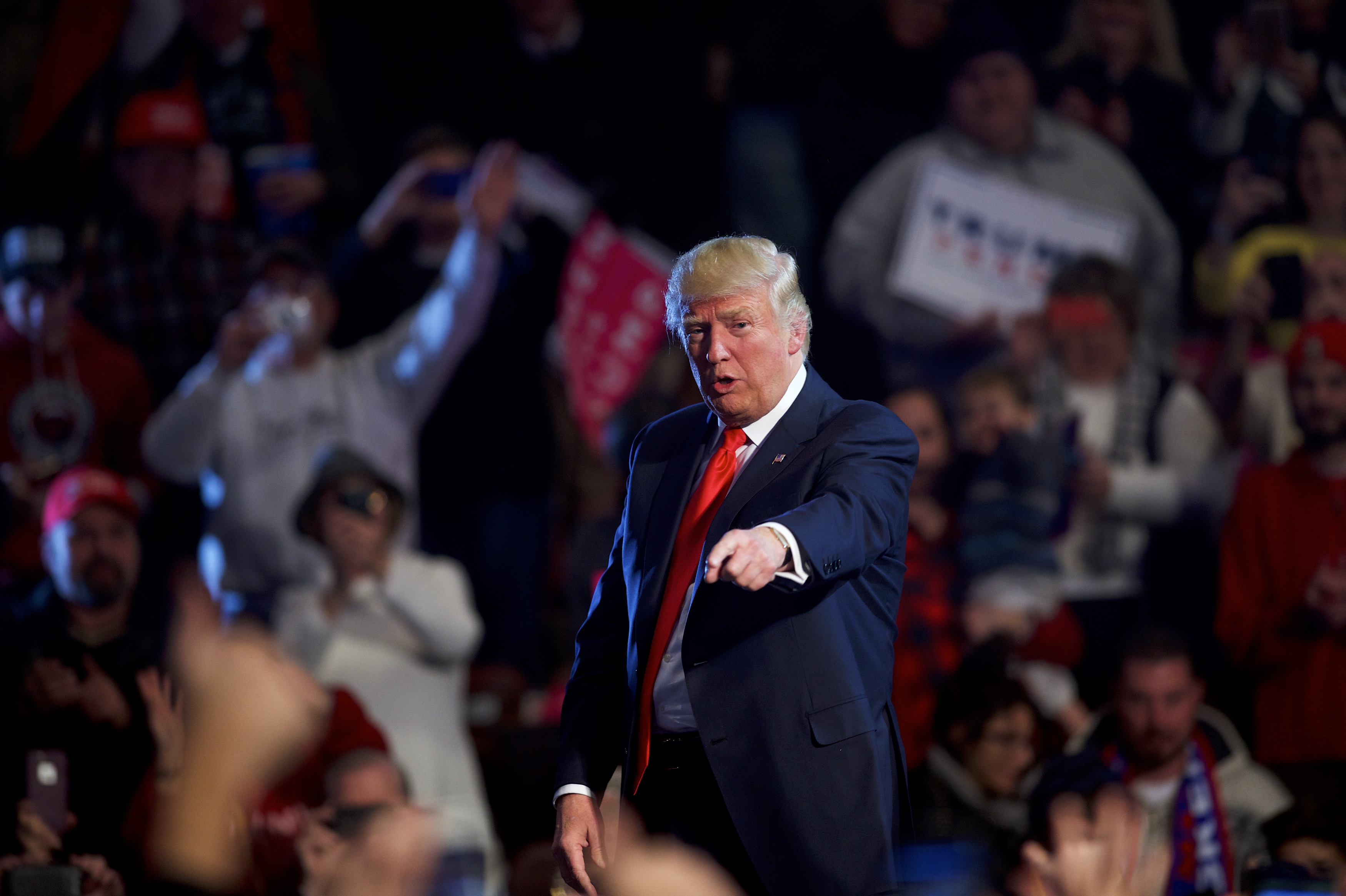 Donald Trump's pale golden-blond hair is firmly established as part of his signature look during a "Thank You Tour 2016" rally in Hershey, Pennsylvania, on December 15, 2016.
