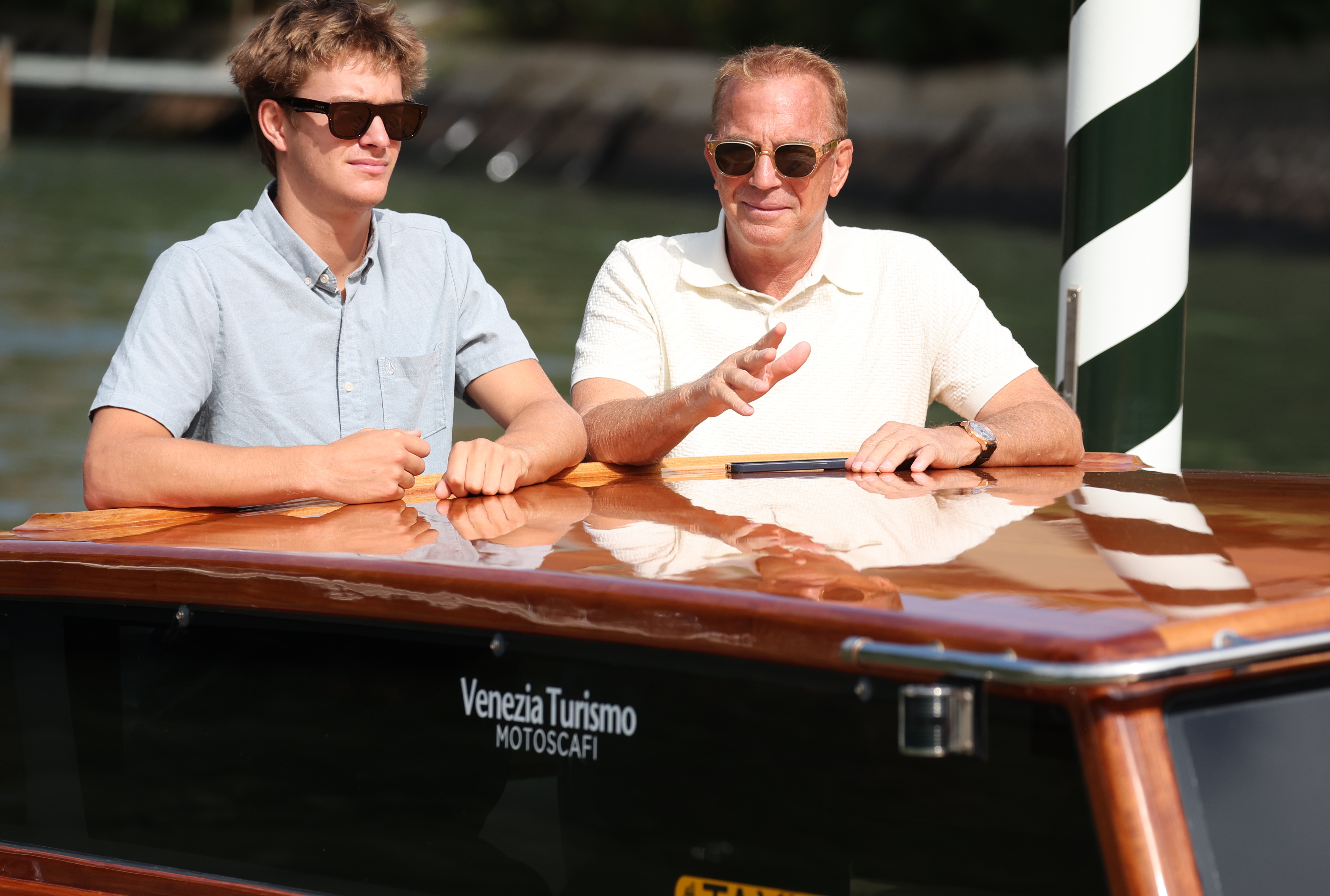 Kevin and Cayden Wyatt Costner are seen at the Excelsior Hotel during the 81st Venice International Film Festival in Venice, Italy, on September 7, 2024 | Source: Getty Images