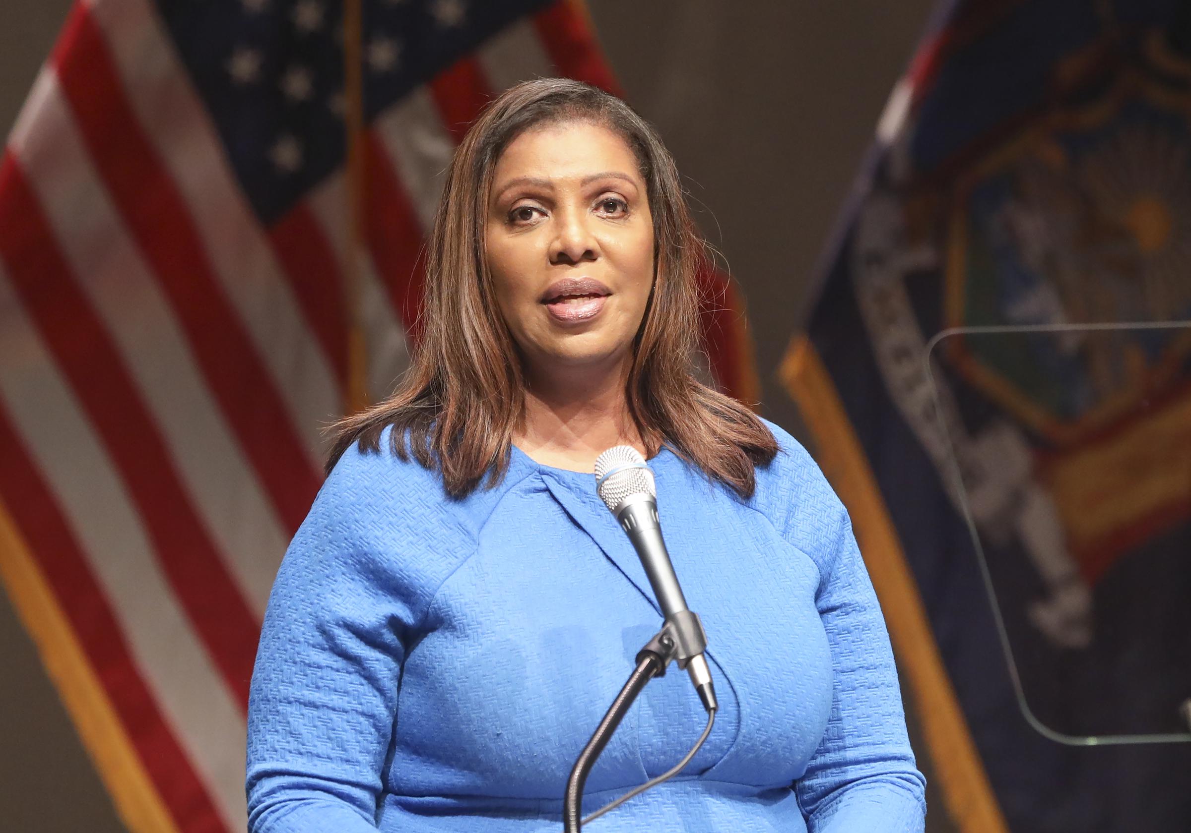 Attorney General Letitia James speaks during the second inauguration of Suffolk County Sheriff Errol Toulon Jr., at the Van Nostrand Theater in Brentwood, New York on March 18, 2022. | Source: Getty Images