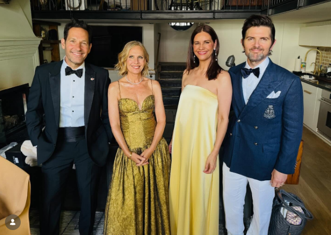 Adam Scott posted a picture with Paul Rudd and their respective spouses, all smiling brightly as they headed to the wedding. The actor wrote in the caption: "❤️T&T❤️." | Source: Instagram/mradamscott