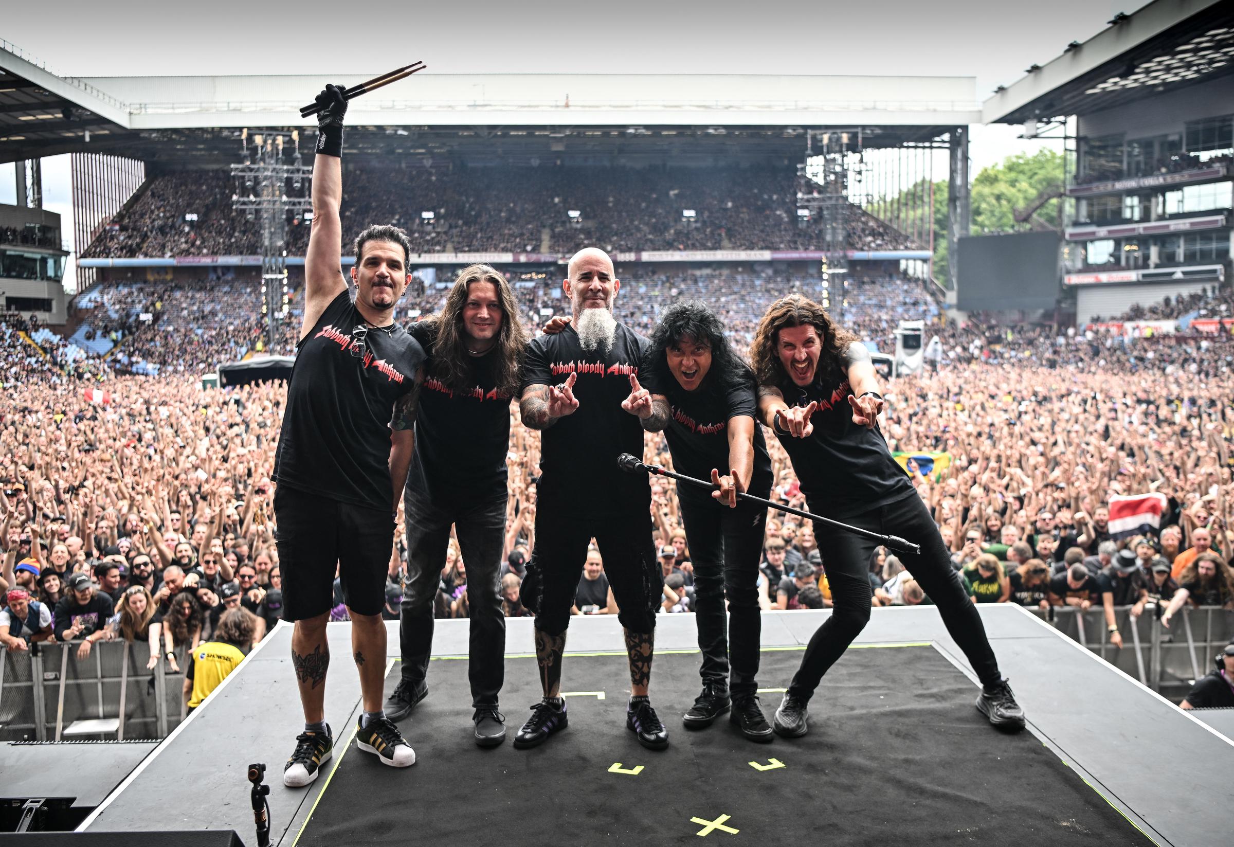 Members of the heavy metal band Anthrax onstage during the "Back to the Beginning" concert at Villa Park, Birmingham on July 5, 2025. | Source: Getty Images