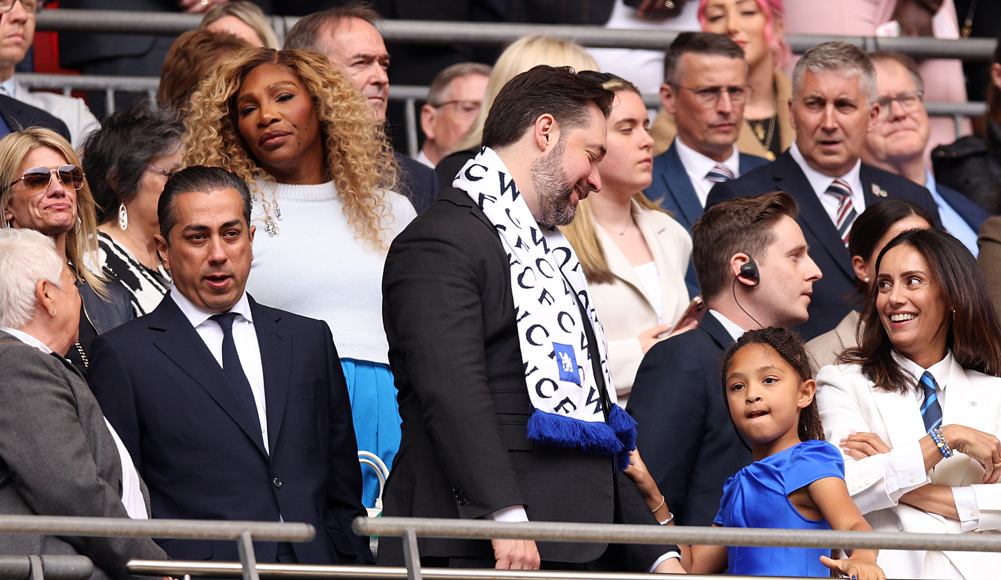 Serena Williams and Alexis Ohanian look on from the stands during The Adobe Women's FA Cup Final match at Wembley Stadium in London on May 18, 2025. | Source: Getty Images