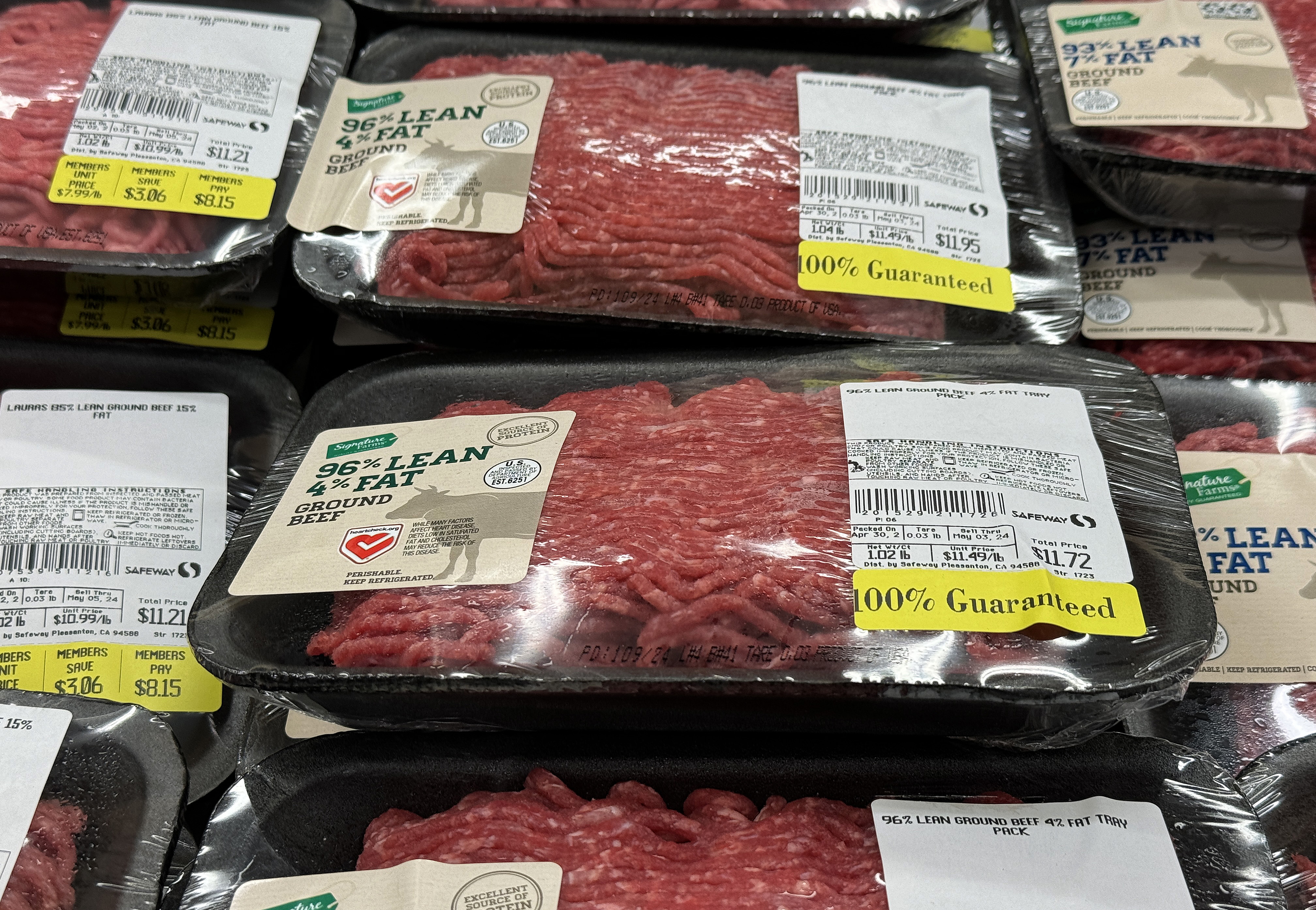 Packages of ground beef displayed in a Safeway store in San Anselmo, California on May 2, 2024. | Source: Getty Images