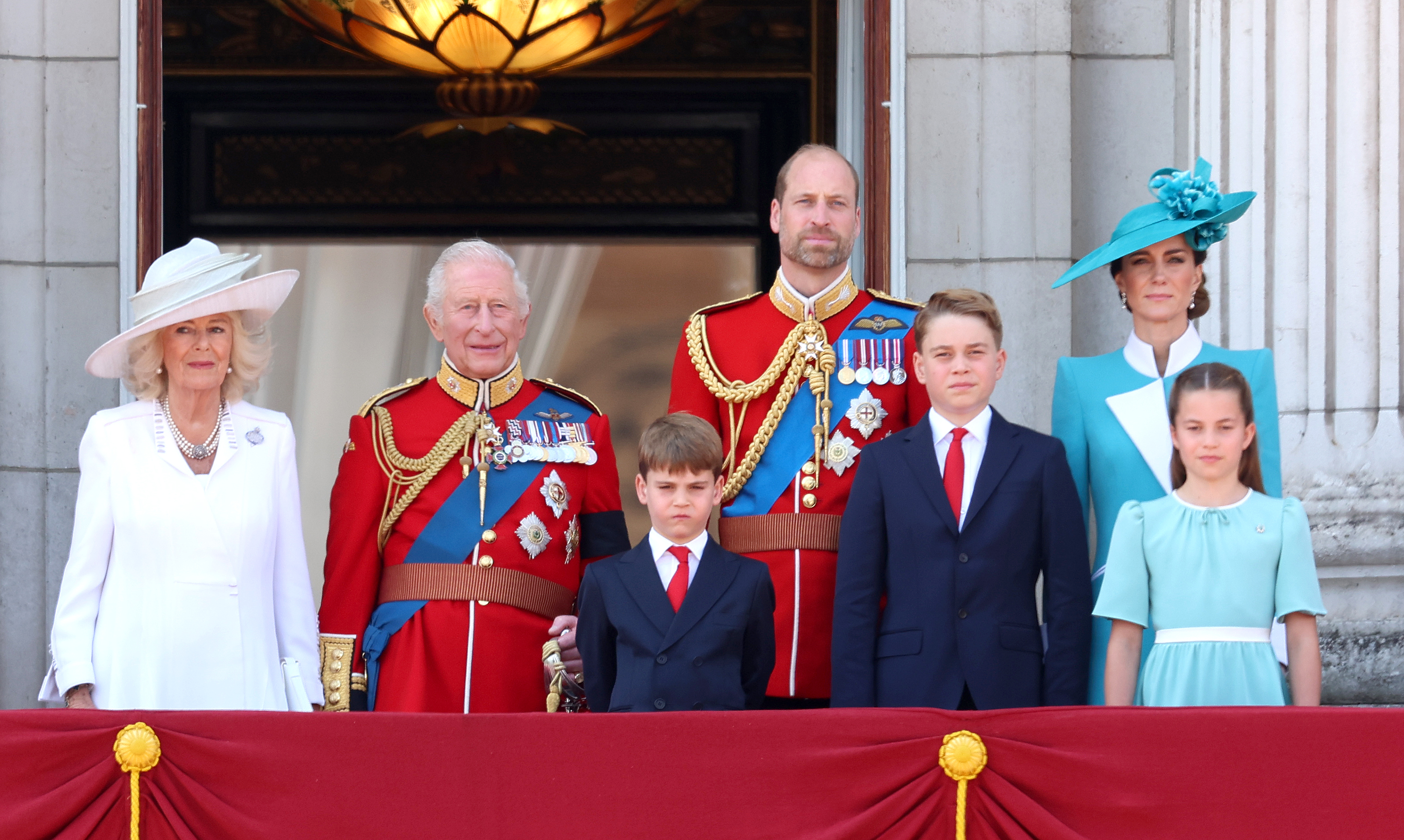 Queen Camilla, King Charles III, Prince Louis of Wales, Prince William, Prince George of Wales, Princess Charlotte of Wales and Catherine, Princess of Wales at the Buckingham Palace balcony during the 2025 Trooping The Colour parade in London, England on June 14, 2025| Source: Getty Images