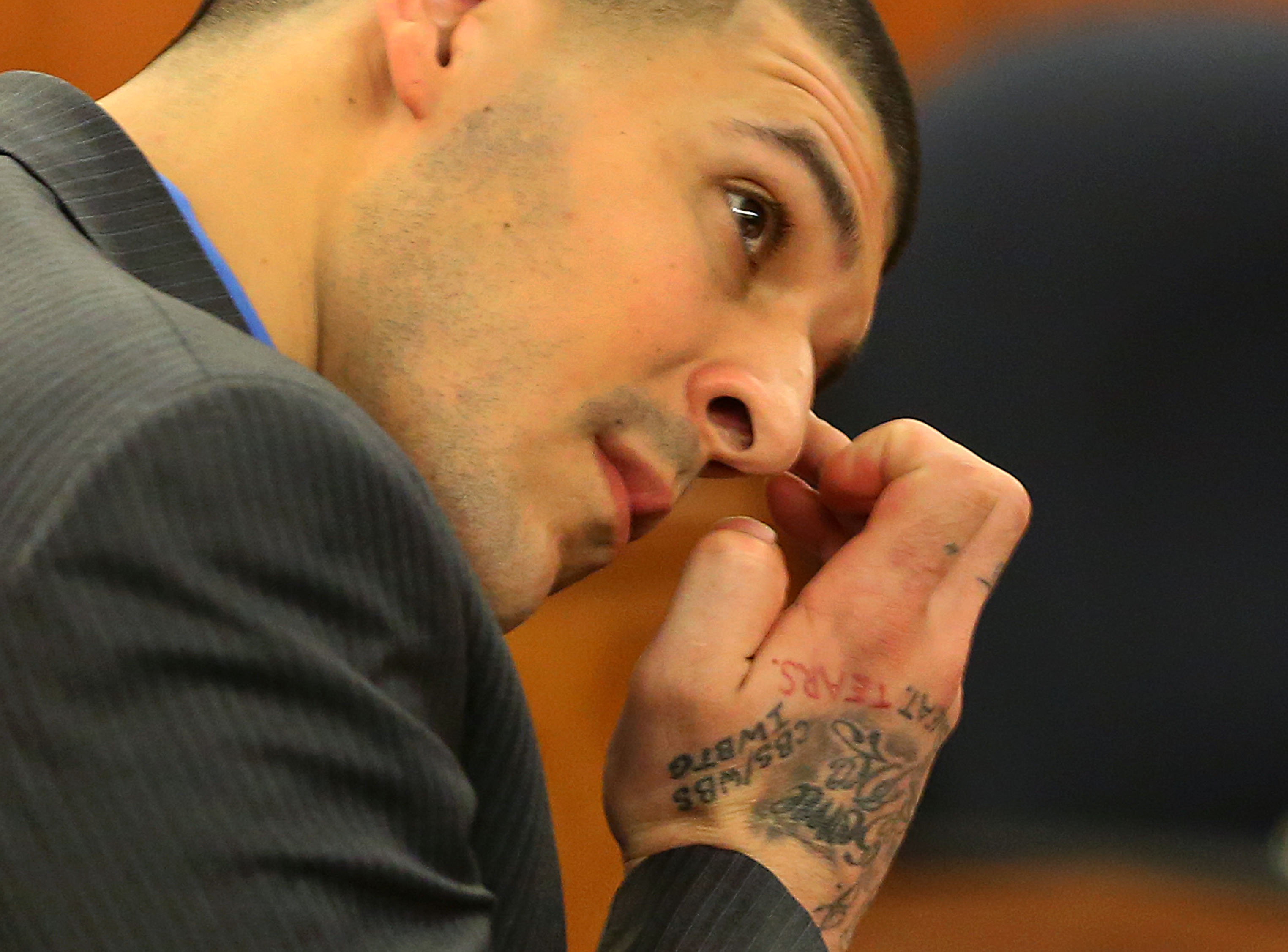 Aaron Hernandez during the trial for the murder of Odin Lloyd at Bristol County Superior Court House in Fall River, Massachusetts, on April 7, 2015. | Source: Getty Images