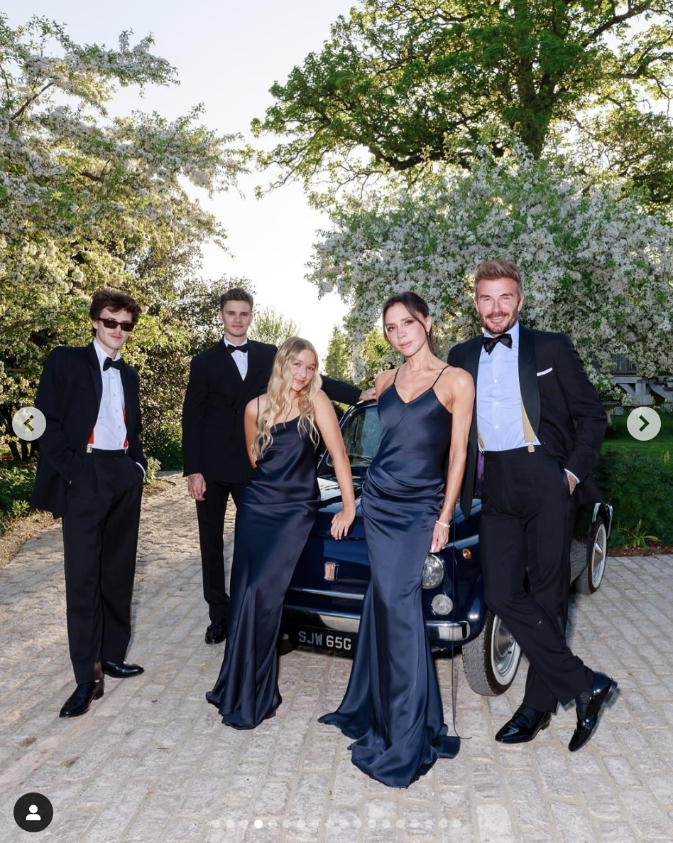 Cruz, Romeo, Harper, Victoria, and David Beckham are pictured in a photo shared on May 4, 2025 | Source: Instagram/victoriabeckham