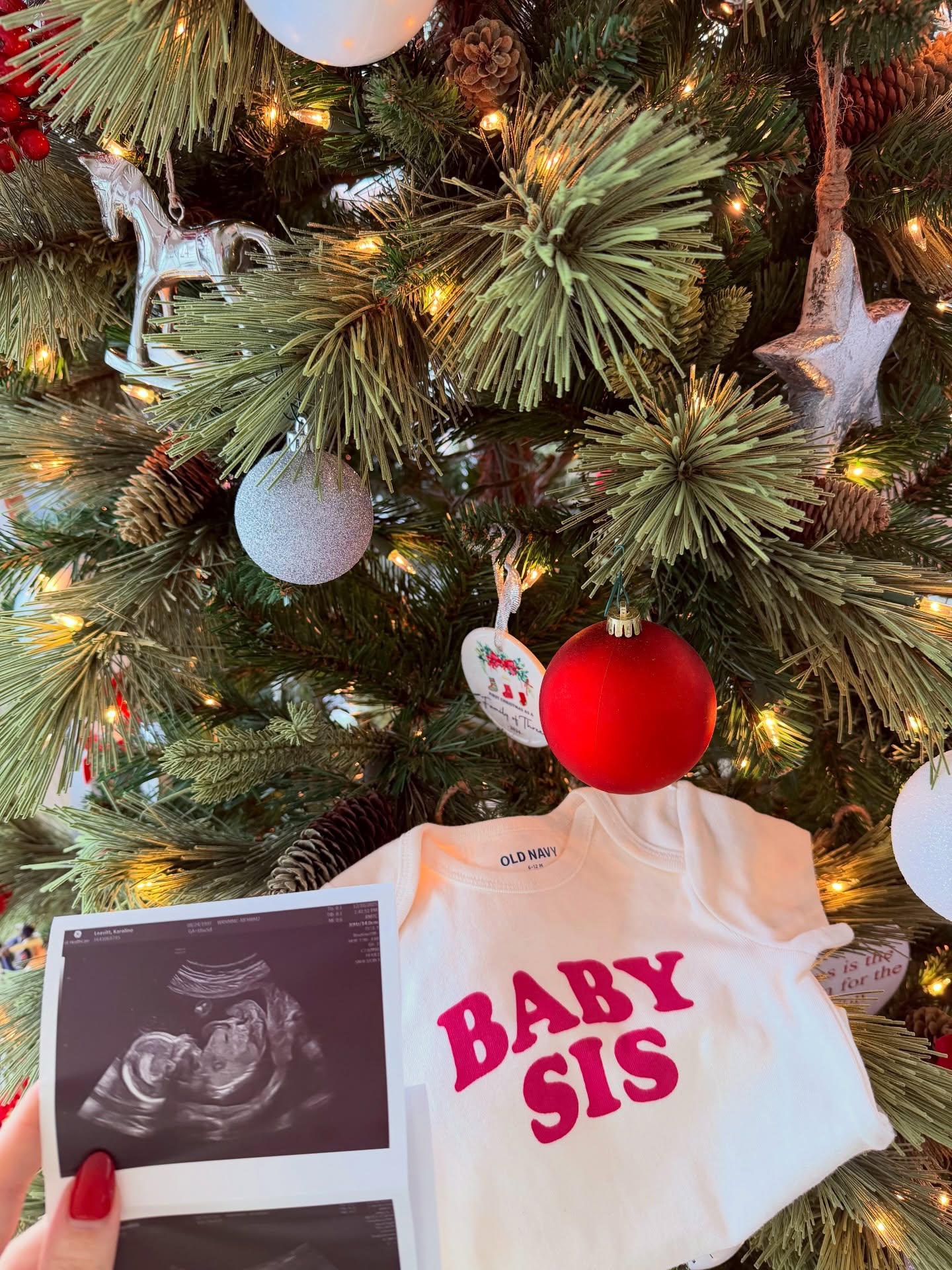One small detail turned the family Christmas tree into something much more personal: an ultrasound photo beside a tiny "BABY SIS" shirt. The holiday display quietly foreshadowed the family expansion that would later play a major role in Leavitt's decision to leave her White House job. | Source: Instagram/karolineleavitt