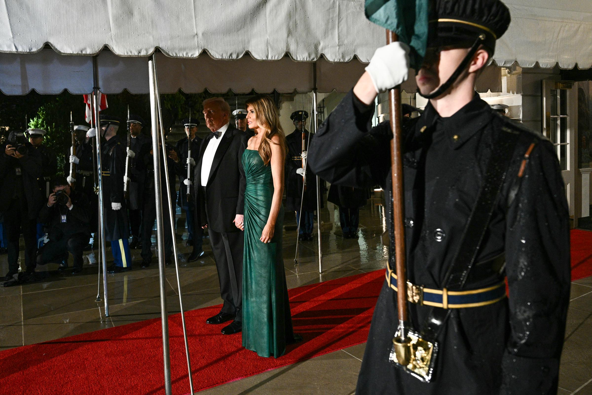 US First Lady Melania Trump, accompanied by President Donald Trump, waits for the arrival of the Crown Prince and Prime Minister of the Kingdom of Saudi Arabia Mohammed bin Salman on November 18, 2025, in Washington, DC | Source: Getty Images