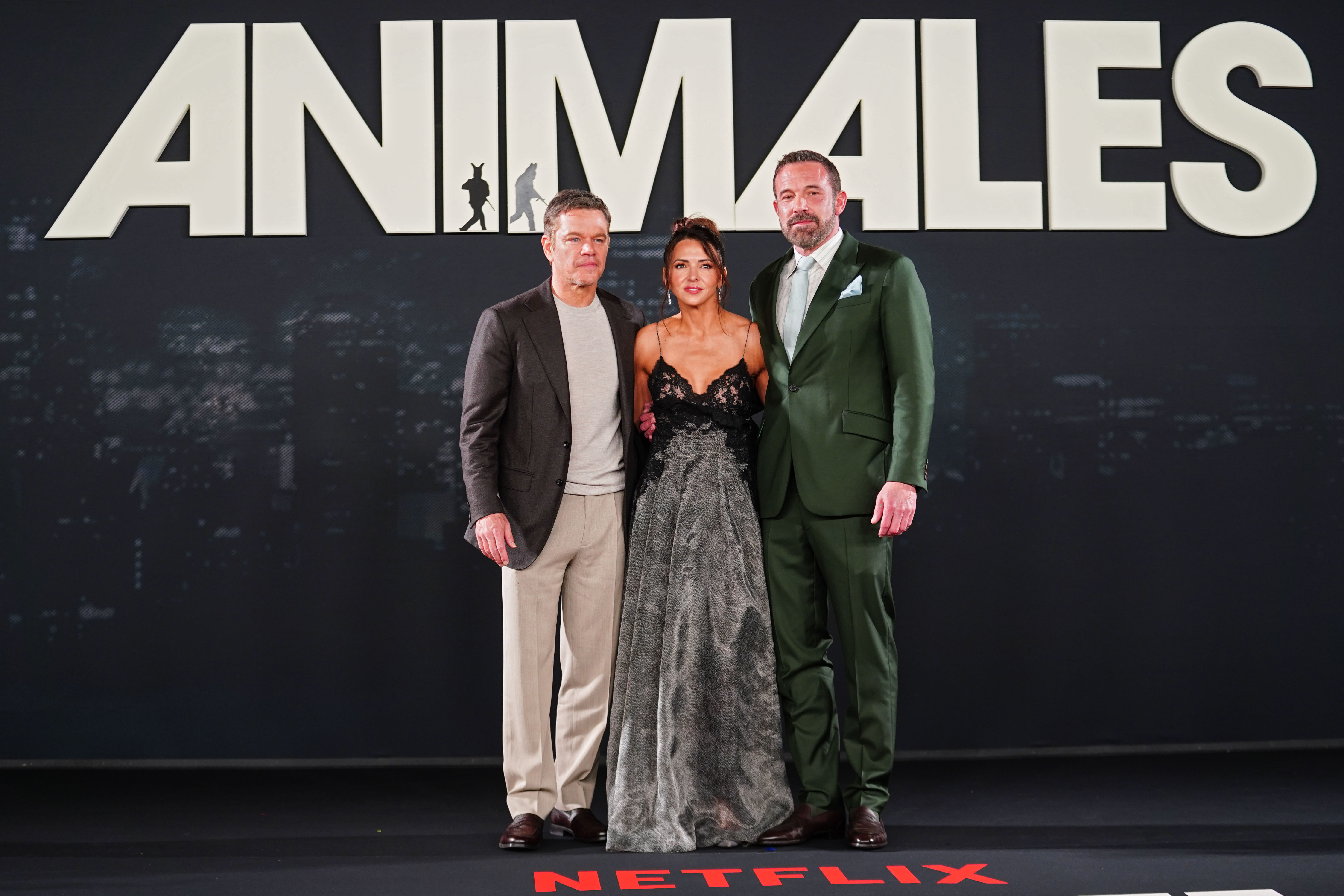 Matt Damon, Luciana Barroso, and Ben Affleck pose during the red carpet and fan event of the movie "Animals" at Centro Comercial Mitikah on October 4, 2026 in Mexico City. | Source: Getty Images