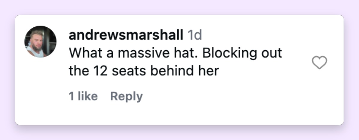 Other commenters focused on how many people might have lost an unobstructed view. One joked that the oversized accessory affected an entire row of seats. | Source: Instagram/enews
