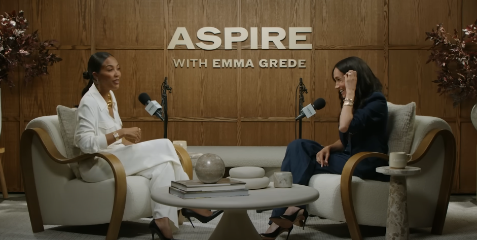 Emma Grede and Meghan Markle talking about her viral "Baby Momma Dance" video on "Aspire with Emma Grede" on June 17, 2025 | Source: Youtube/Emma Grede