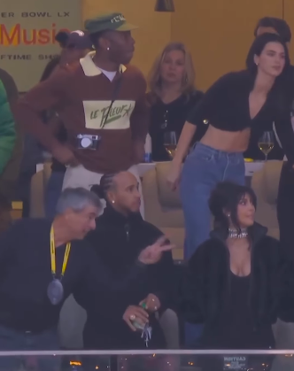 Tyler, the Creator, Kendall Jenner, Lewis Hamilton, and Kim Kardashian spotted at the 2026 Super Bowl. | Source: Instagram/nfl