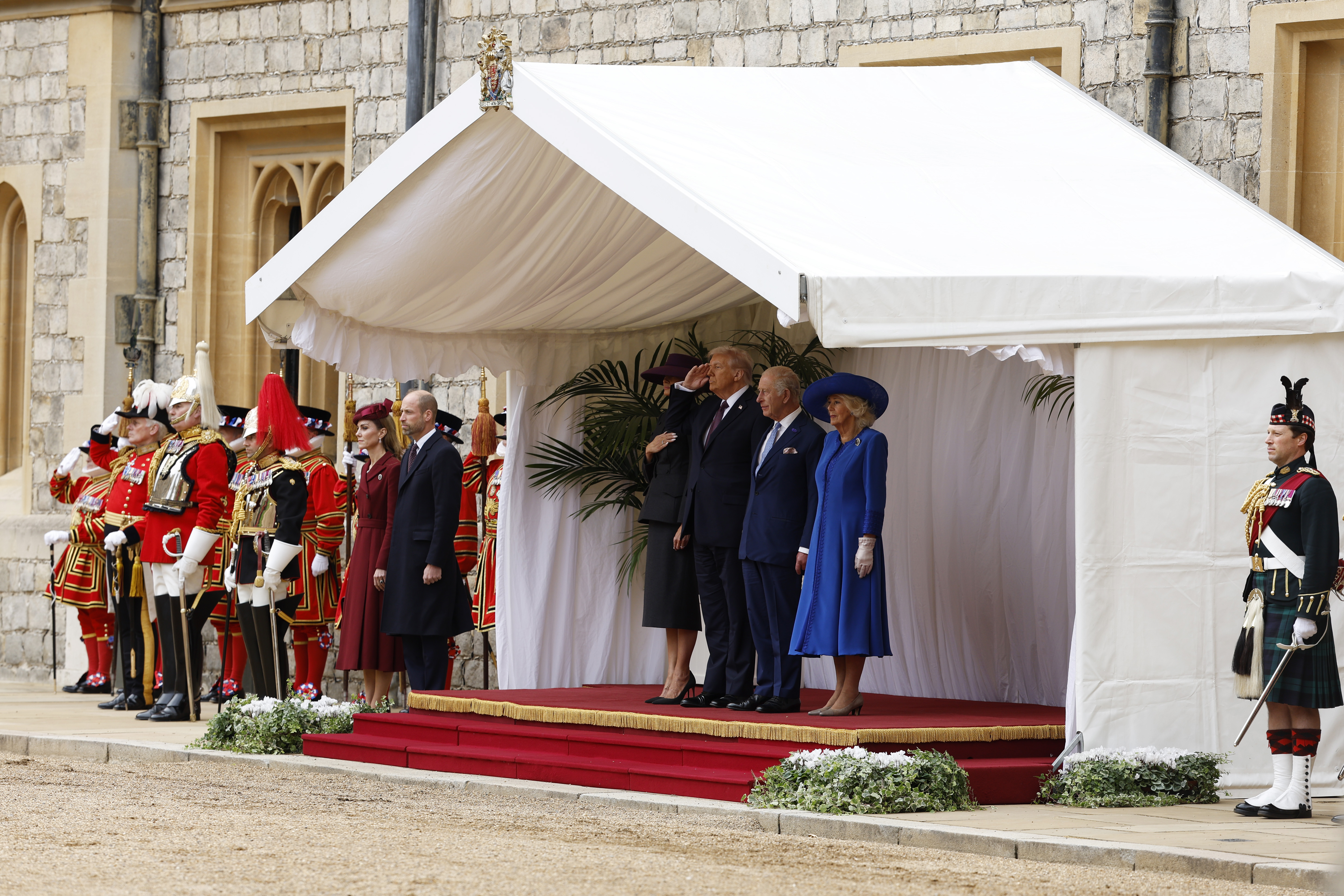 Melania Trump, Donald Trump, King Charles III, and Queen Camilla at the ceremonial welcome during the State visit by the President of the United States of America at Windsor Castle on September 17, 2025, in England. | Source: Getty Images