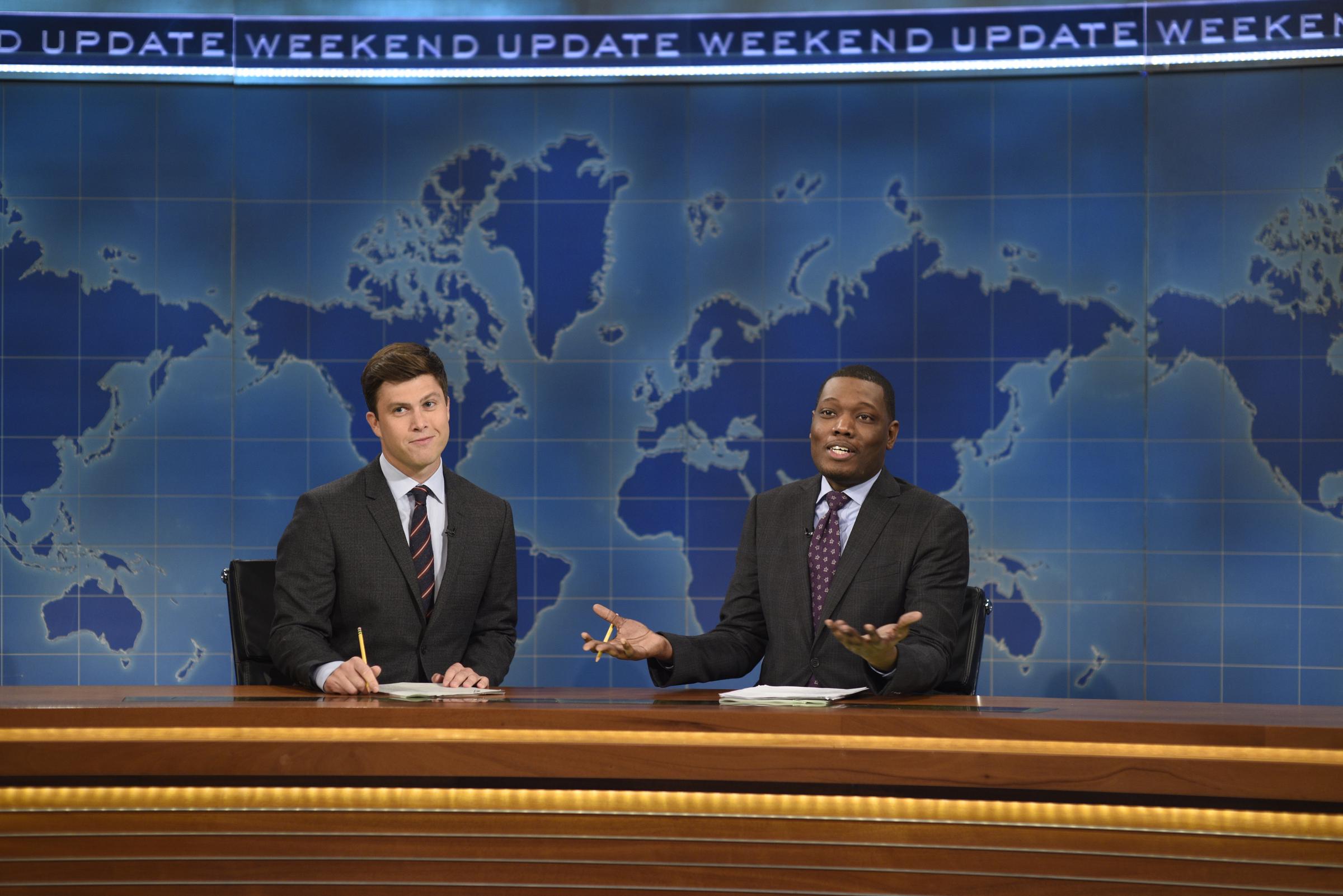 Colin Jost and Michael Che during Weekend Update on October 1, 2016