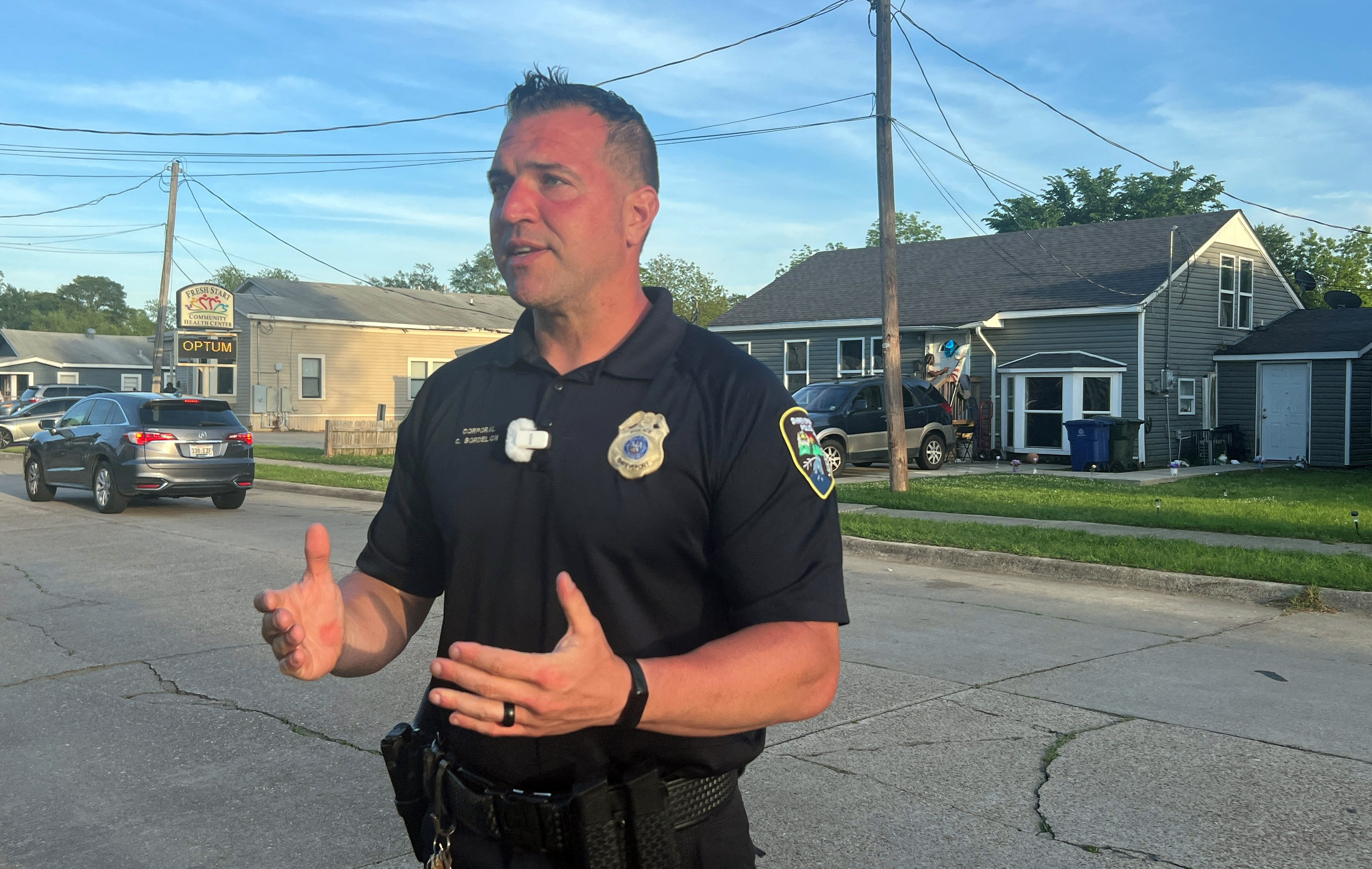 Shreveport Police Department Corporal Chris Bordelon talks to the press across the street from the house where a mass shooting took place in Shreveport, Louisiana, on April 19, 2026. | Source: Getty Images