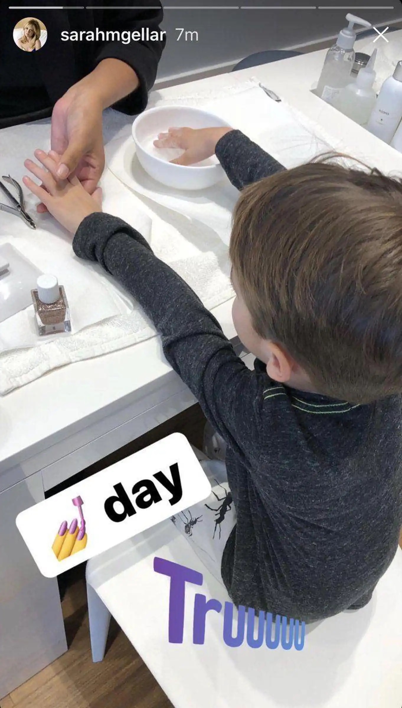 Sarah Michelle Gellar shared a sweet moment from Rocky's childhood on her Instagram Stories, showing her young son enjoying a manicure. The playful outing offered a rare glimpse of their everyday mother-son moments away from Hollywood. | Source: Instagram Stories/@sarahmgellar