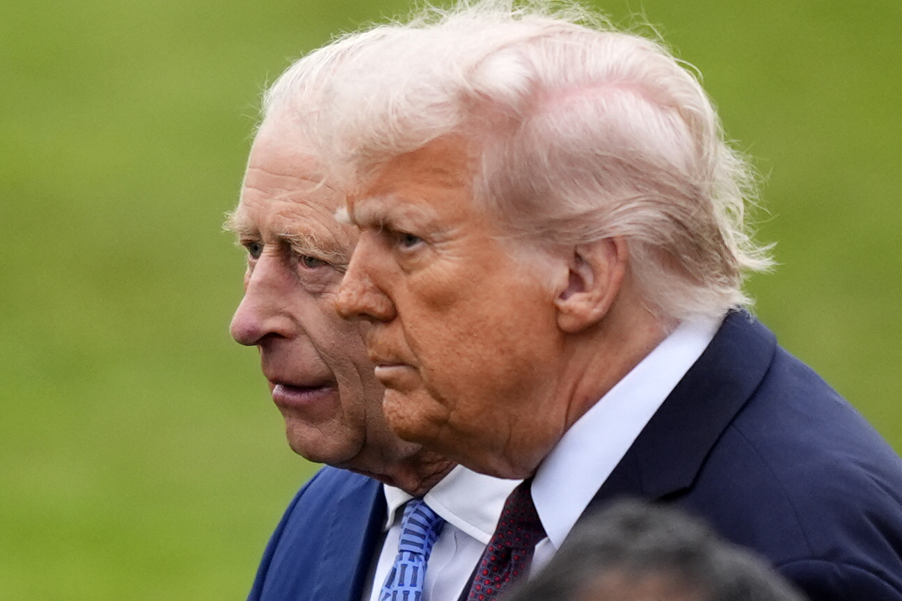 King Charles III and President Donald Trump watching a Beating Retreat military ceremony on the East Lawn at Windsor Castle on September 17, 2025. | Source: Getty Images