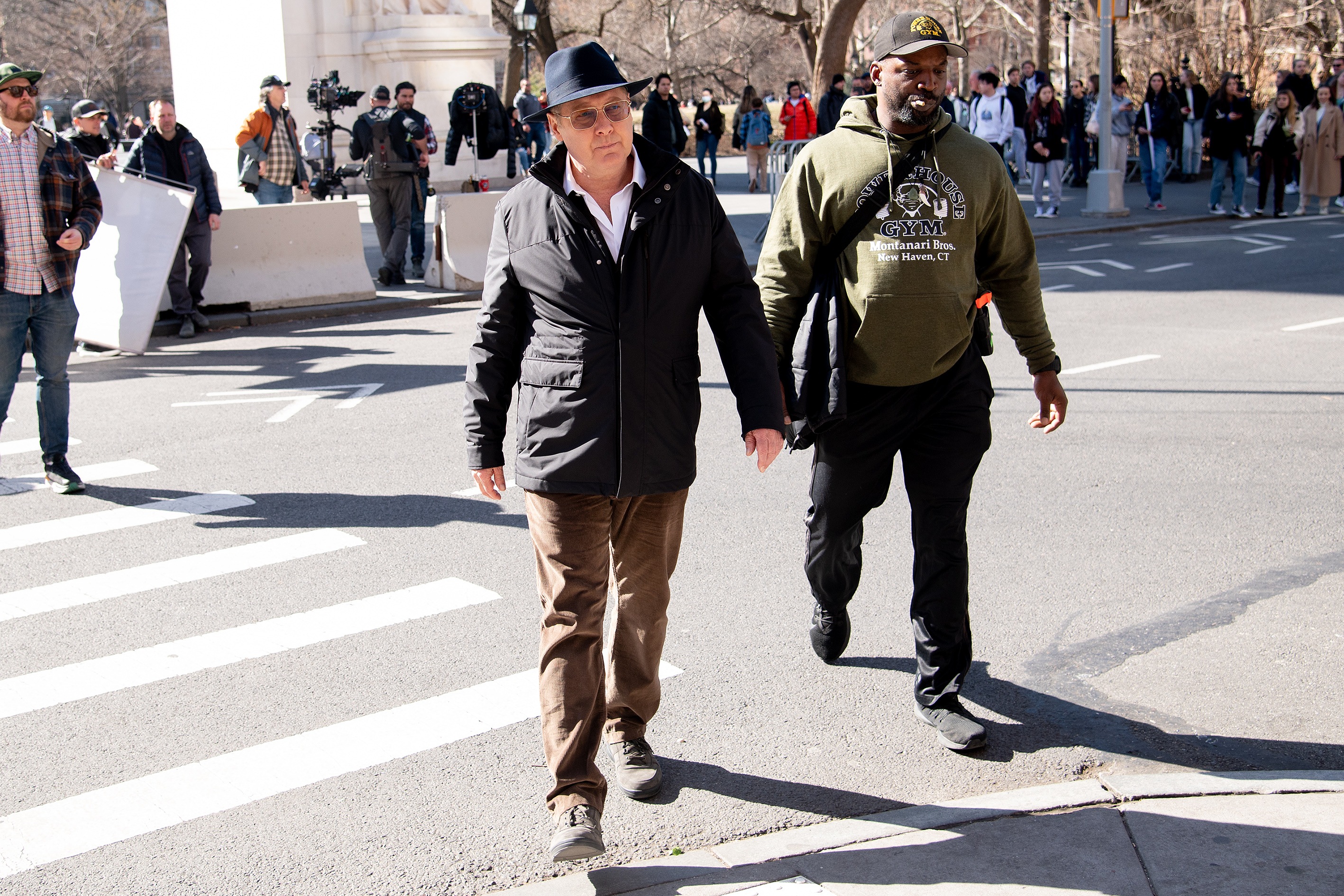 The actor is seen on the set of "Blacklist" on February 16, 2023 in New York | Source: Getty Images