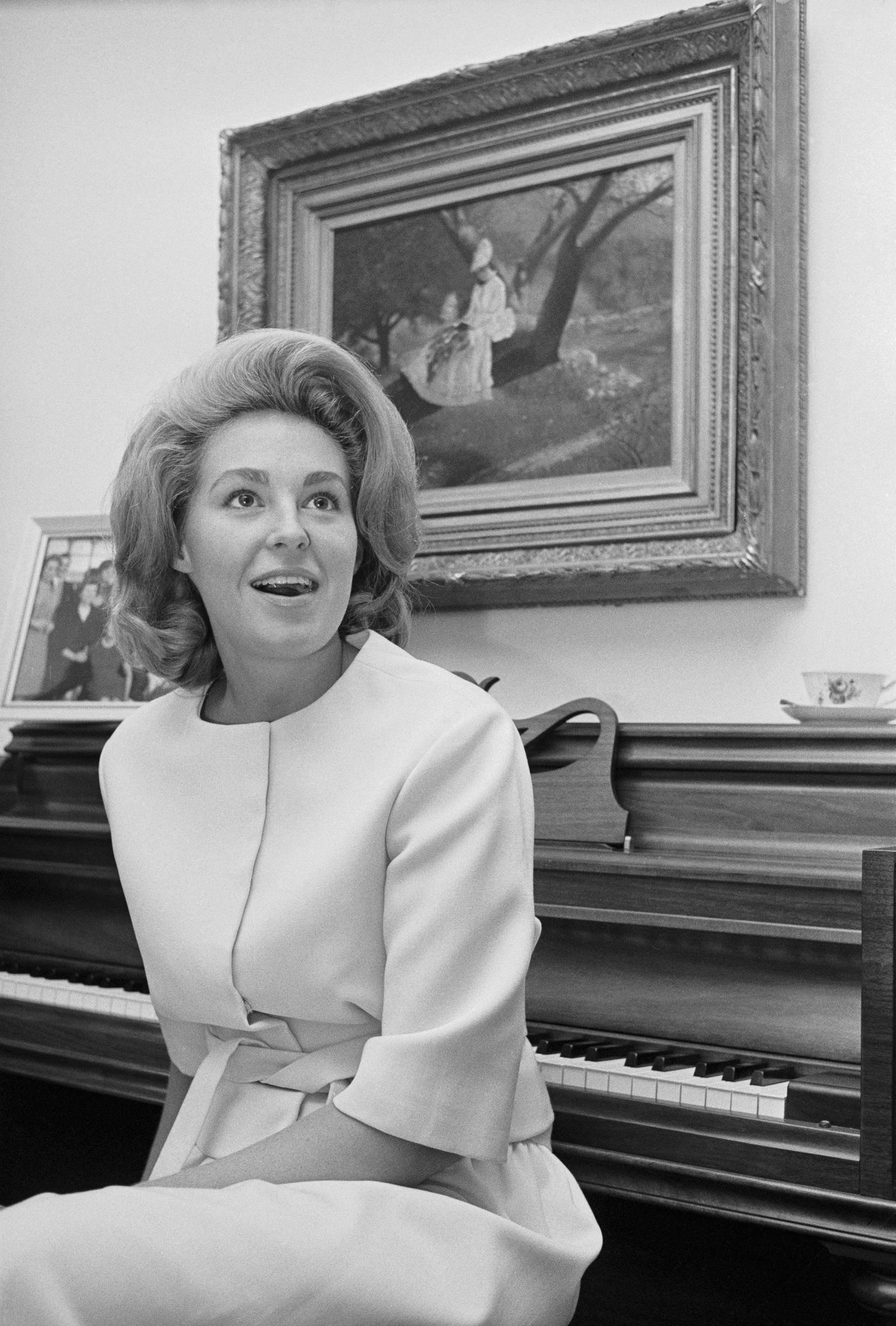 Joan Kennedy during a press tea for Washington newswoman in Washington, D.C., in 1963. | Source: Getty Images