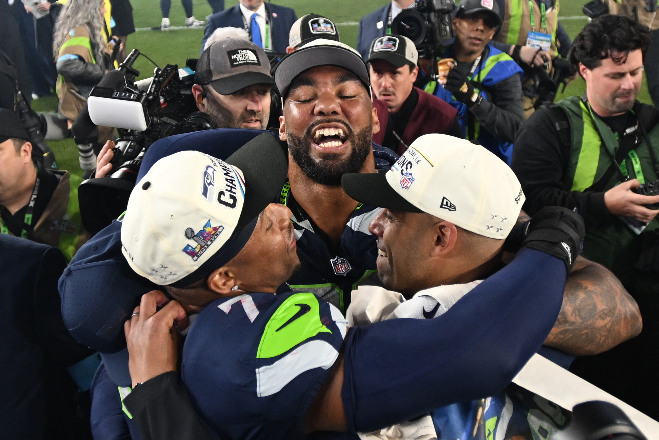 Leonard Williams celebrates on the field after the Seattle Seahawks defeated the New England Patriots during Super Bowl LX at Levi's Stadium on February 8, 2026, in Santa Clara, California | Source: Getty Images