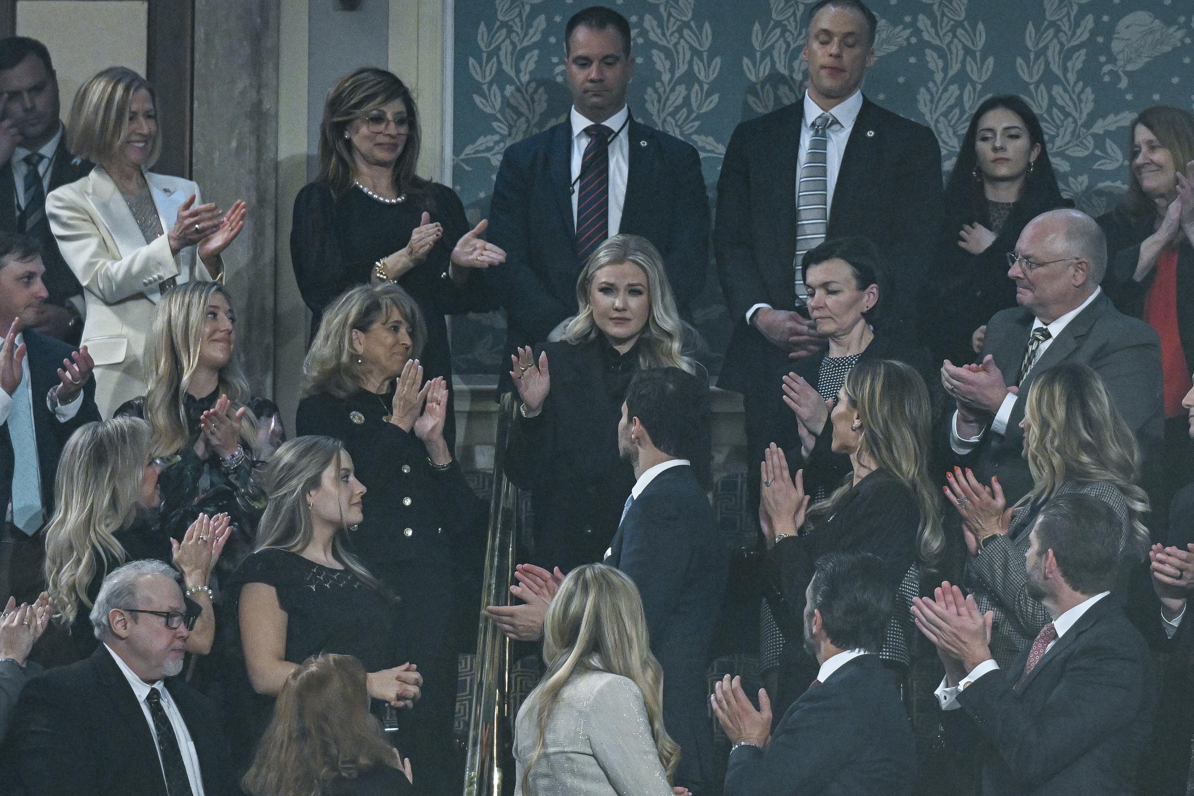 Erika Kirk reacts after being recognized during President Donald Trump's State of the Union address | Source: Getty Images