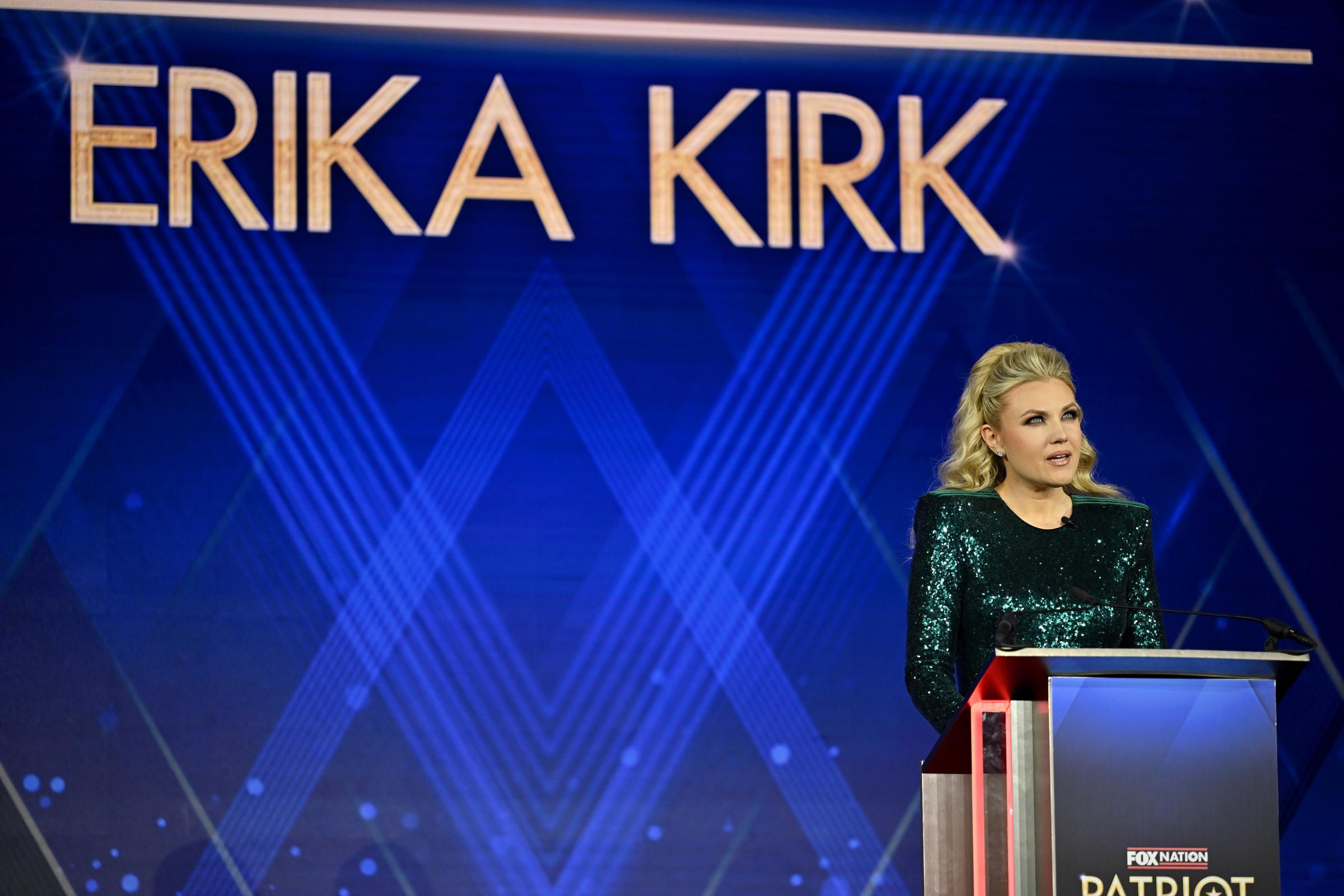 Erika Kirk accepts the inaugural Charlie Kirk Legacy Award at the 2025 Fox Nation Patriot Awards, in Greenvale, New York on November 6, 2025. | Source: Getty Images