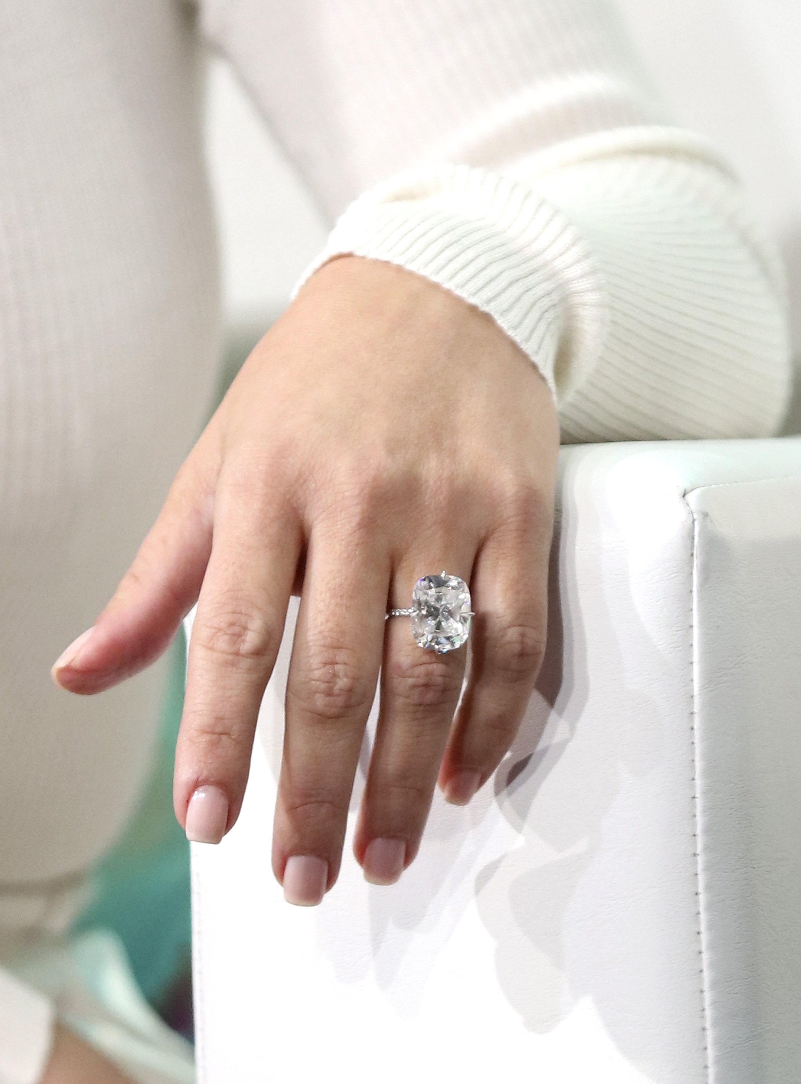 Kim Kardashian in 2016 wears her 20-carat emerald-cut engagement ring from Kanye West, estimated to be worth about $4.9 million.
