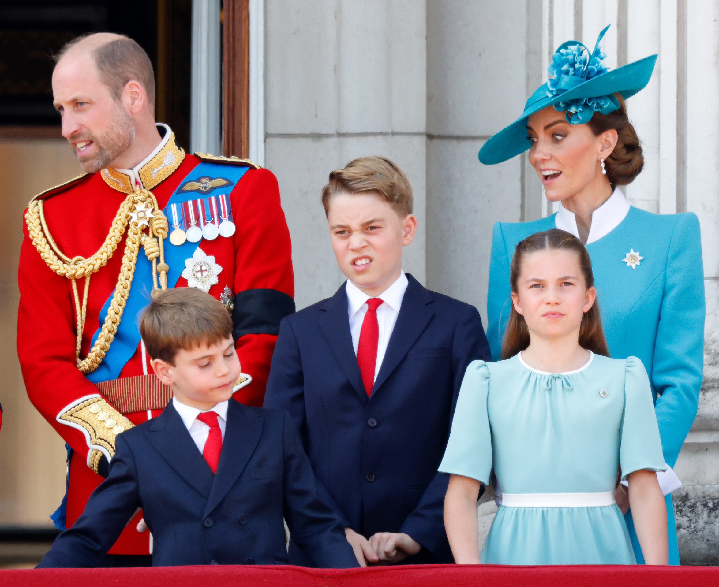 Prince William, Prince Louis, Prince George, Princess Catherine, and Princess Charlotte are caught with candid, hilarious facial expressions as they watch the RAF flypast.