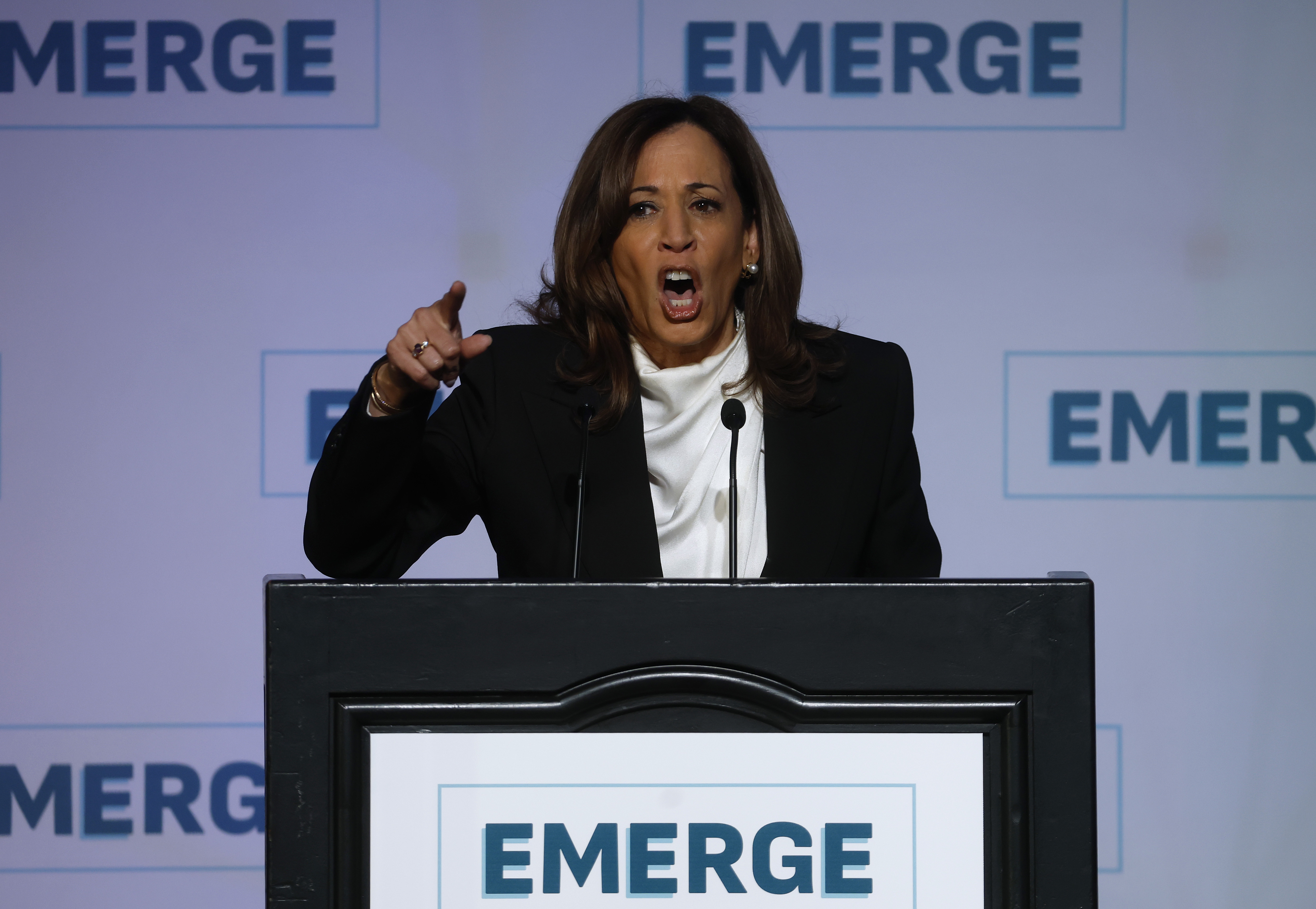 Kamala Harris delivering an impassioned speech. | Source: Getty Images
