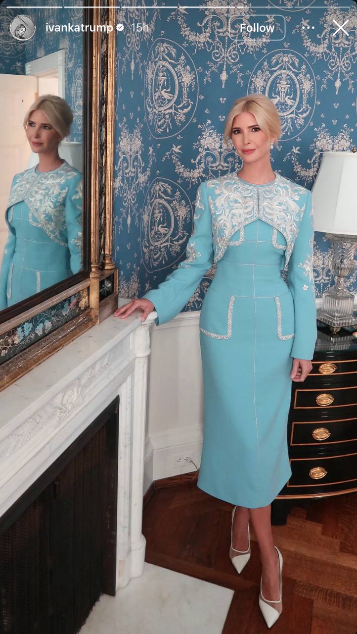 Ivanka Trump gave followers an intimate behind-the-scenes look at her diplomatic style via Instagram Stories on September 24, 2026, posing inside the White House during Chinese President Xi Jinping’s state visit. Standing beside an ornate gold-framed mirror and a classic fireplace against intricate blue-and-white damask wallpaper, she showcased the full silhouette of her robin's-egg blue Guo Pei ensemble, which featured a structured cropped jacket with silver baroque embroidery layered over a tailored midi dress and white pointed-toe pumps. | Source: Instagram/ivankatrump