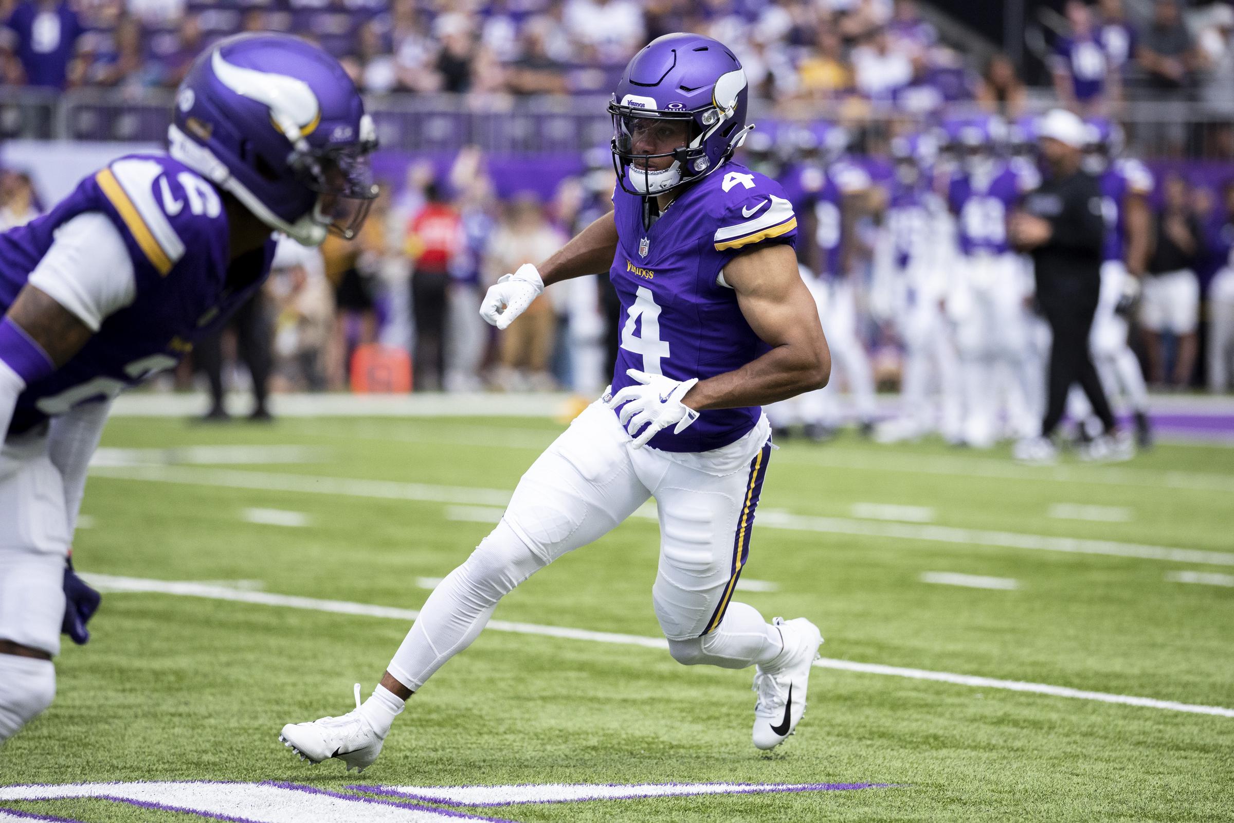 Rondale Moore of the Minnesota Vikings warms up prior to the NFL Preseason game between the Houston Texans and Minnesota Vikings at U.S. Bank Stadium on August 9, 2025, in Minneapolis, Minnesota | Source: Getty Images