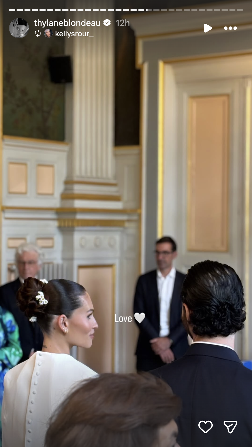 The bride and groom listened as the ceremony unfolded during their Paris city hall wedding. | Source: Instagram/thylaneblondeau