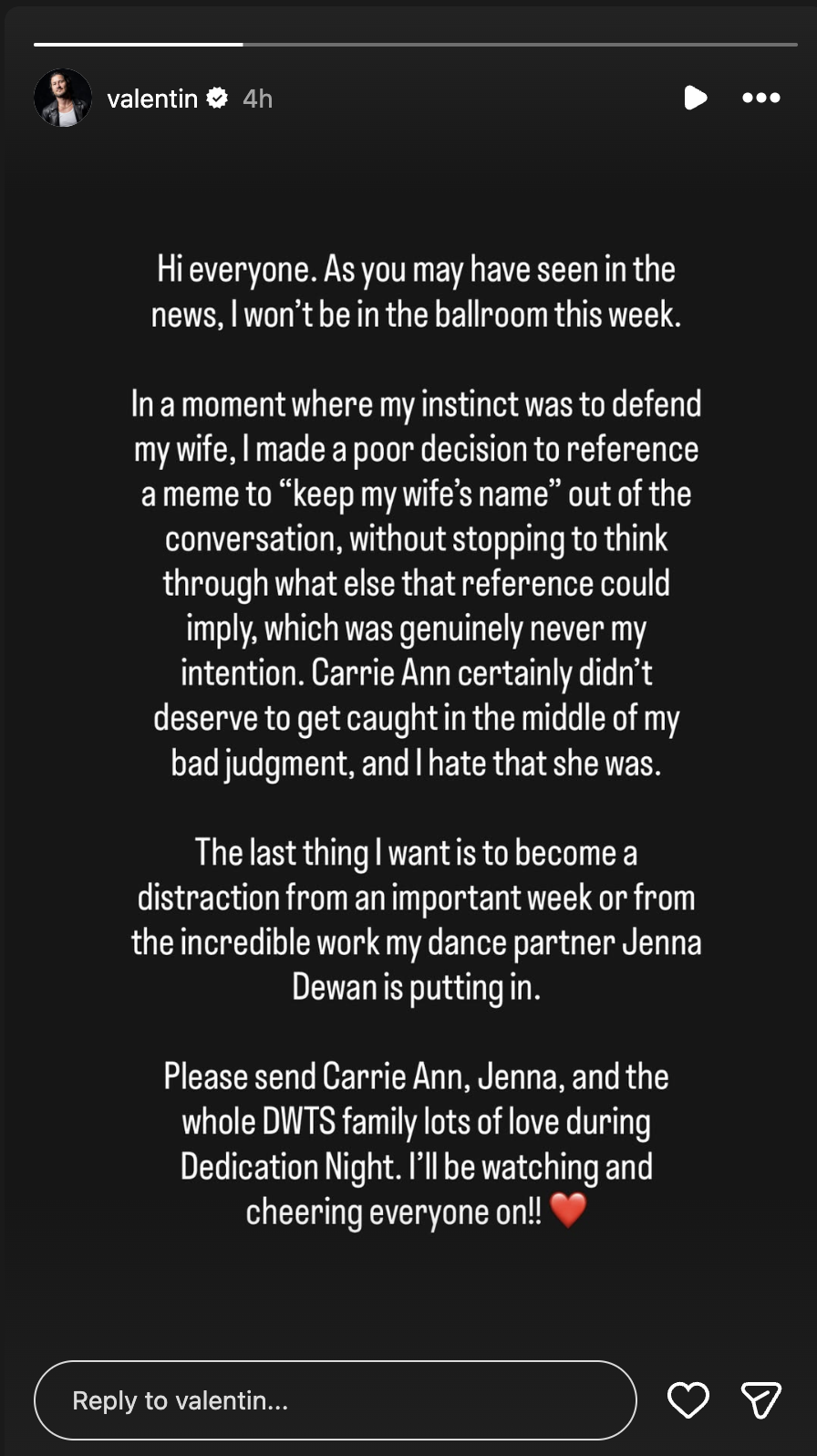Val Chmerkovskiy addresses his one-week suspension from "Dancing with the Stars" in an Instagram Story shared on October 18, 2026. The professional dancer acknowledged his bad judgment after impulsively referencing a viral meme to defend his wife Jenna Johnson, emphasizing that he never intended to promote violence. Offering an apology to judge Carrie Ann Inaba, he urged fans to support his partner Jenna Dewan ahead of Dedication Night. | Source: Instagram/valentin