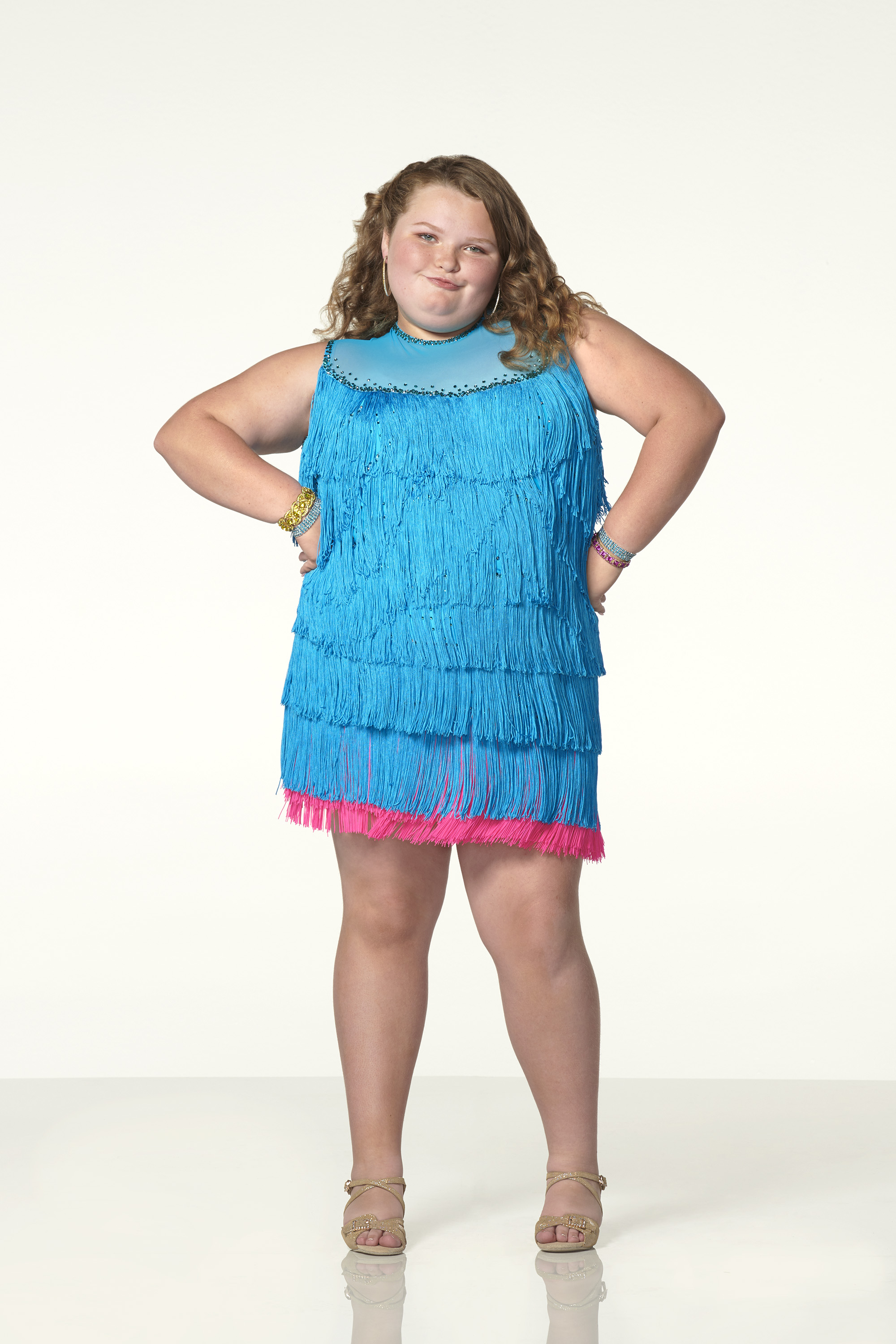 Alana "Honey Boo Boo" Thompson strikes a sassy pose in a bright blue fringed dress during a promotional photoshoot for "Dancing with the Stars: Juniors" in July 2018.