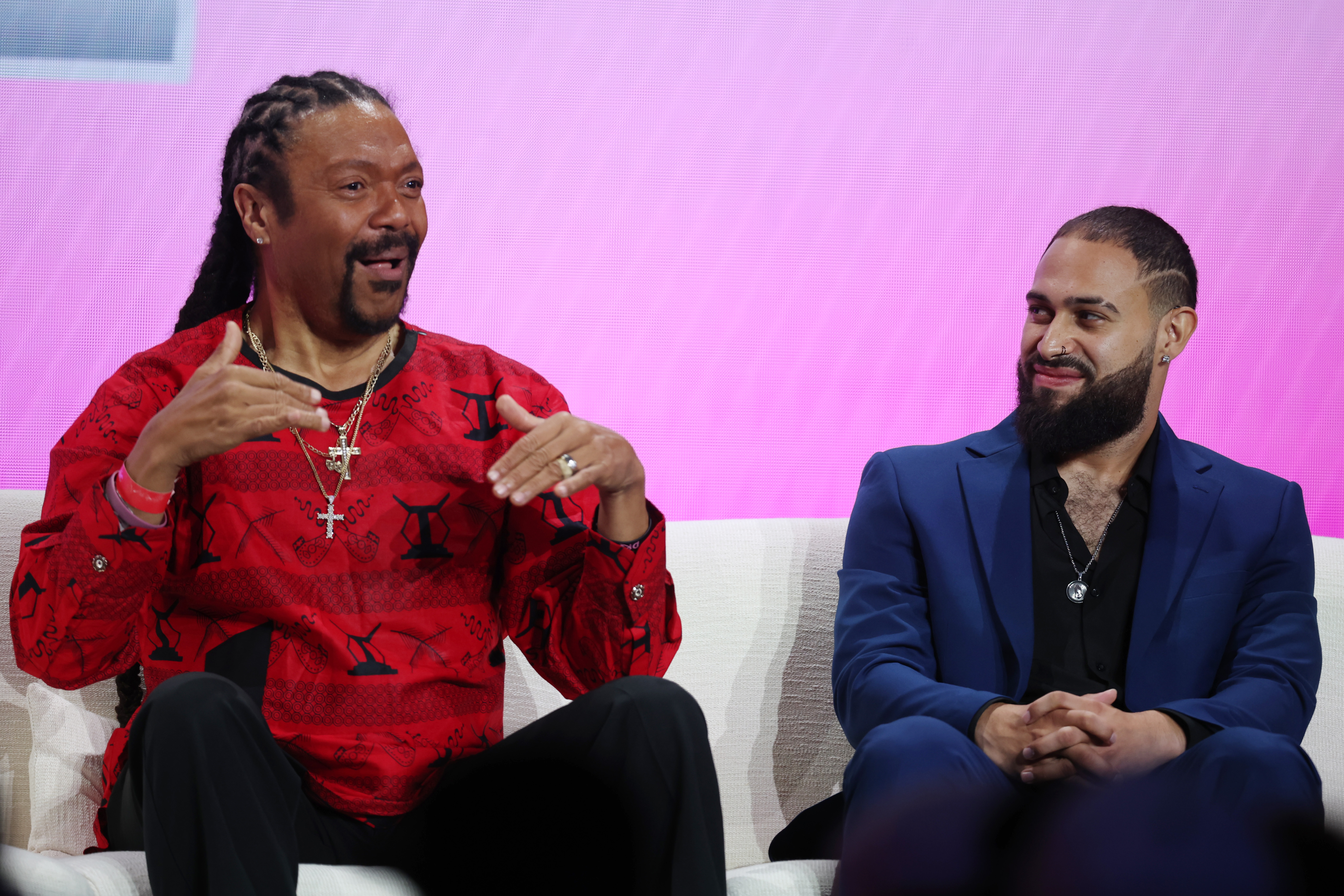 Fred Michael Beam and Julian Ortiz appear during the Super Bowl LX pregame and halftime show press conference in San Francisco on February 5, 2026 | Source: Getty Images